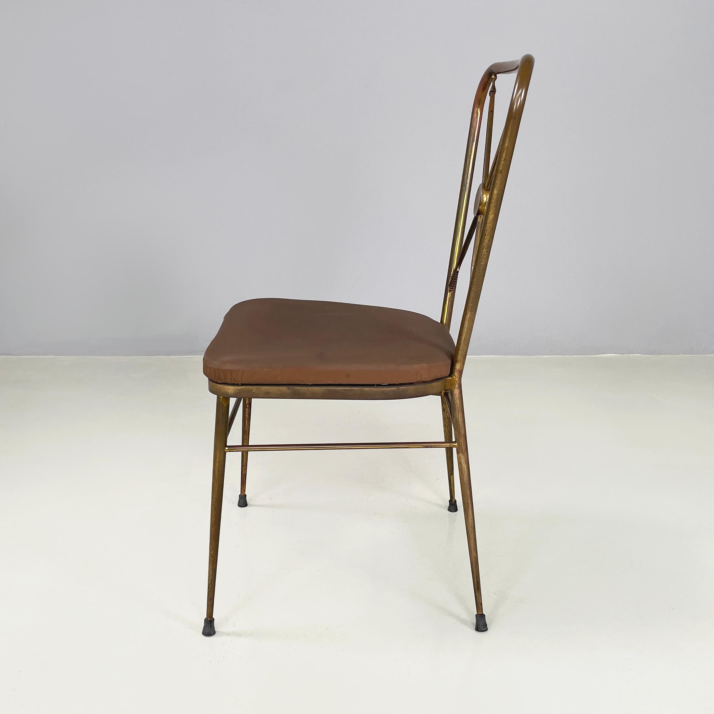 Mid-Century moderno Sedia italiana di metà secolo in ottone e tessuto marrone, anni '50 in vendita