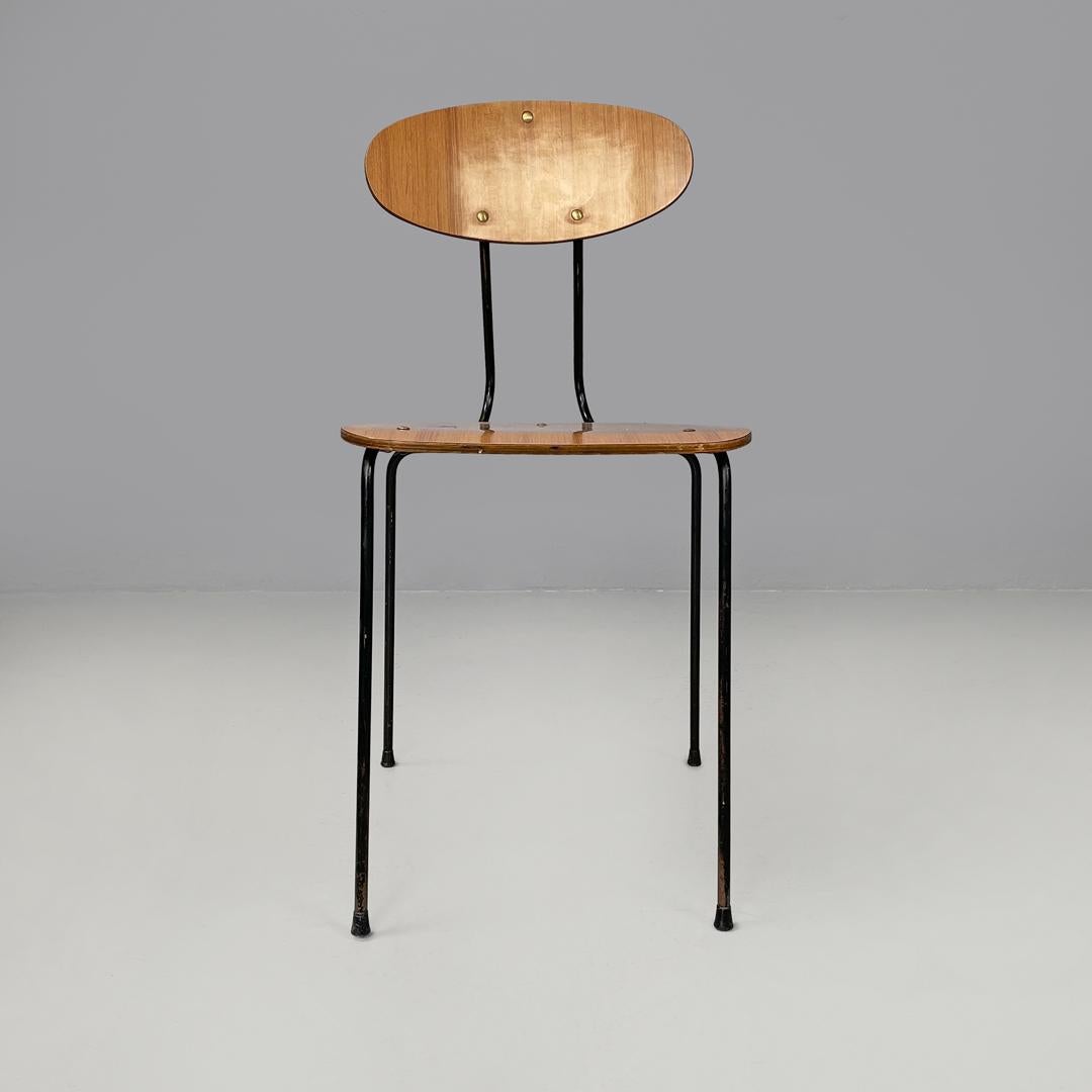 Italian mid-century modern chair in brown formica and black metal, 1960s In Fair Condition For Sale In MIlano, IT