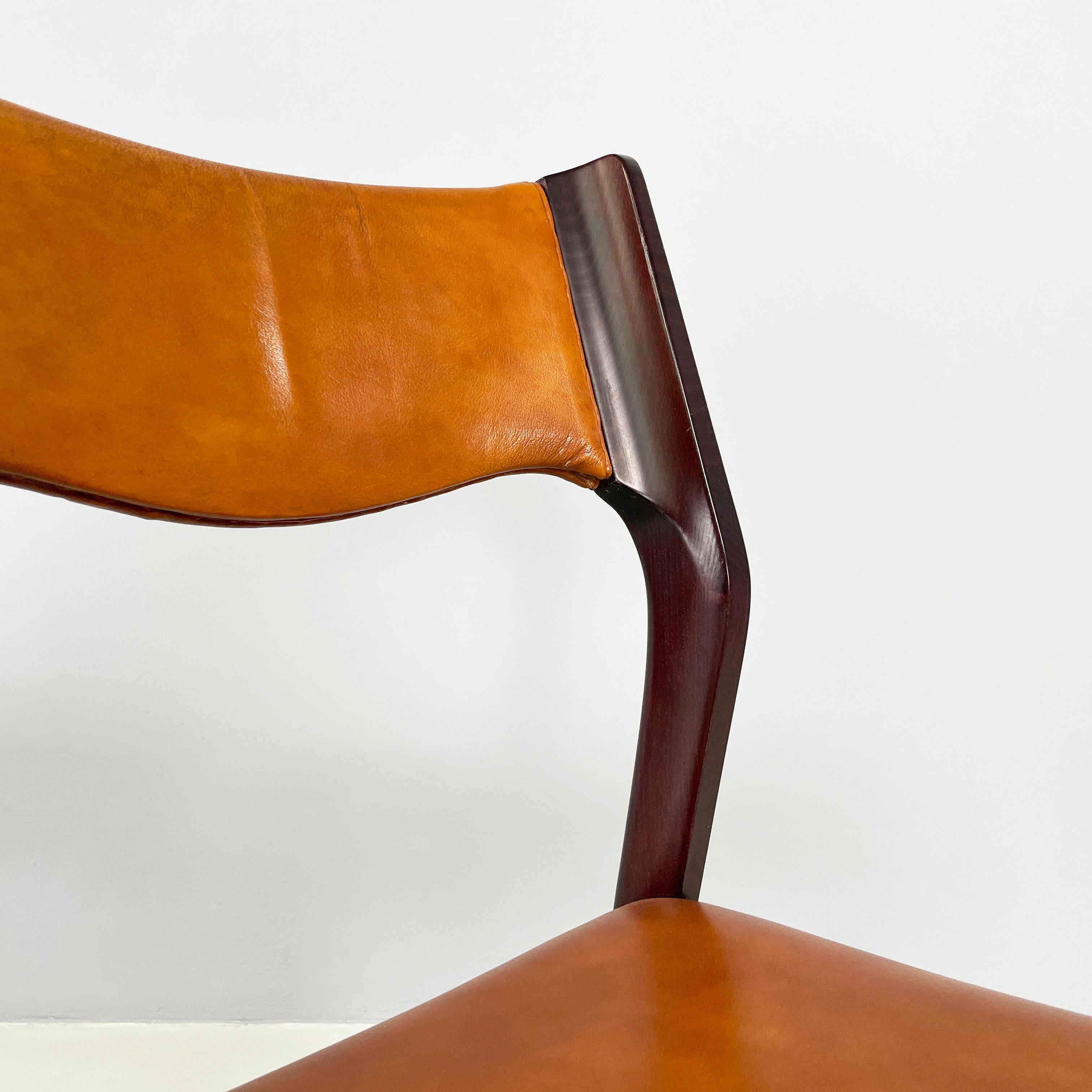 Italian mid-century modern Chair in brown leather and dark wood, 1960s 1
