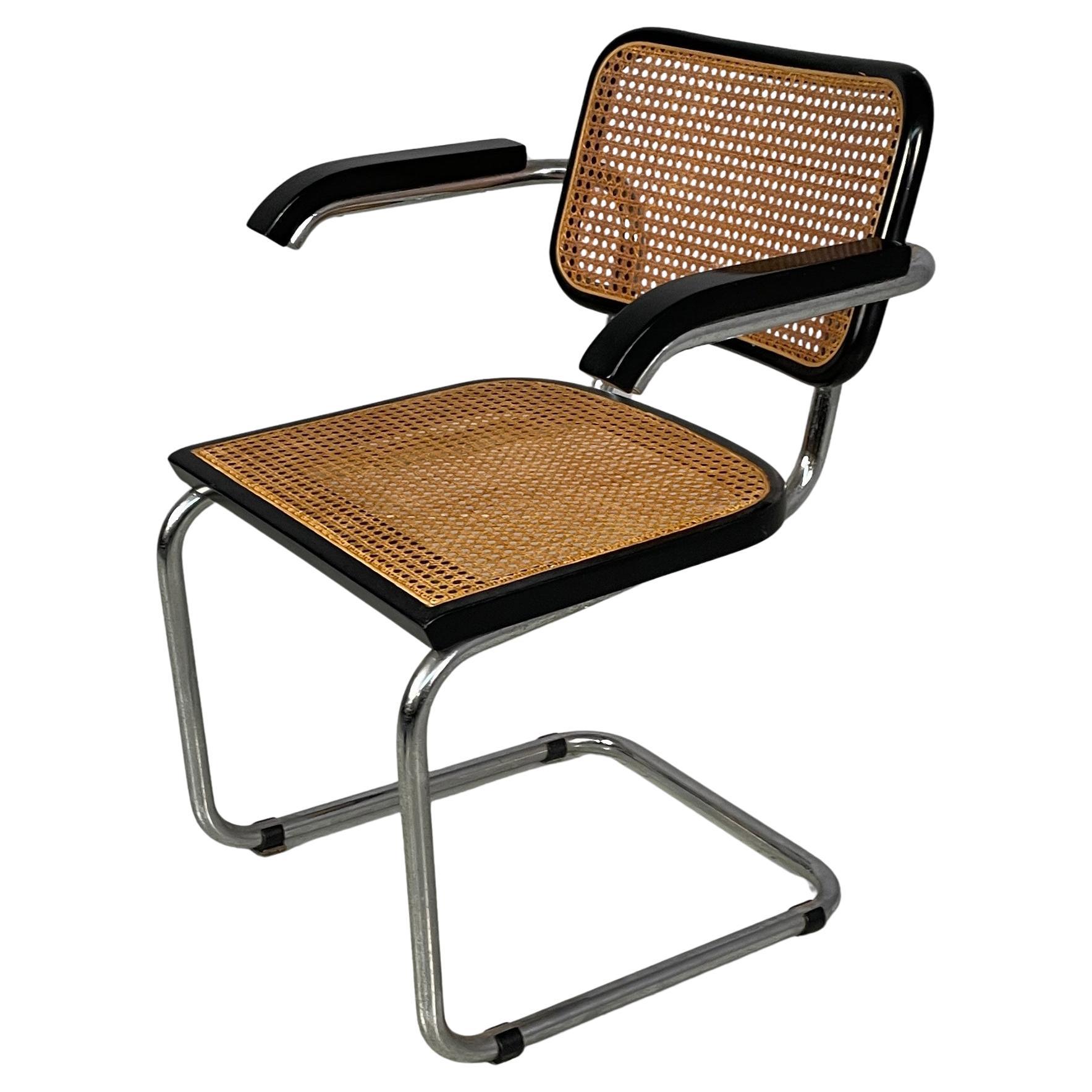 Italian mid-century modern chair with armrest in straw black wood steel, 1960s