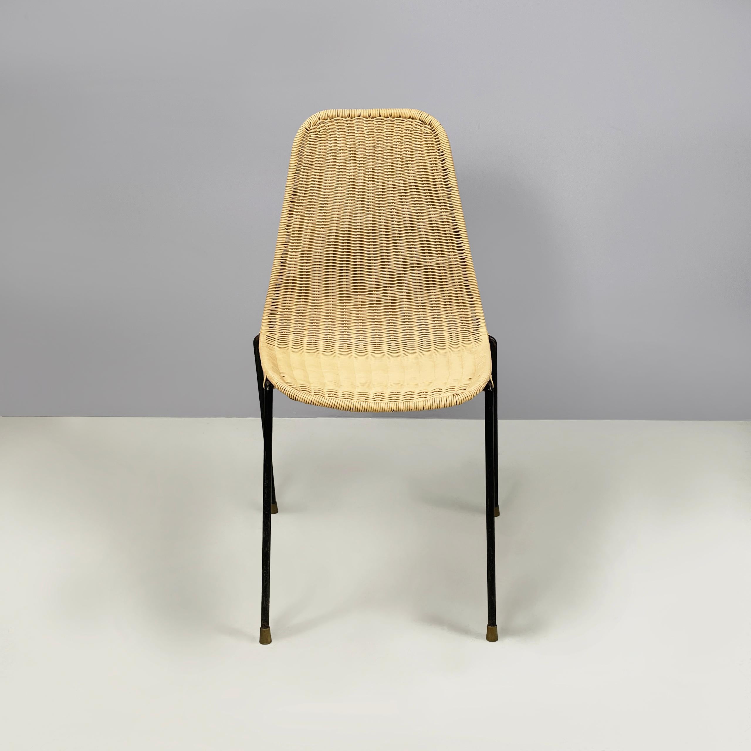Italian mid-century modern Chairs Du 40 by Gastone Rinaldi for Rima, 1960s
Pair of chairs mod. Du 40 with curved seat and backrest in woven yellow plastic wire. The structure is in black painted steel rod. Round brass feet. 
Produced by Rima in