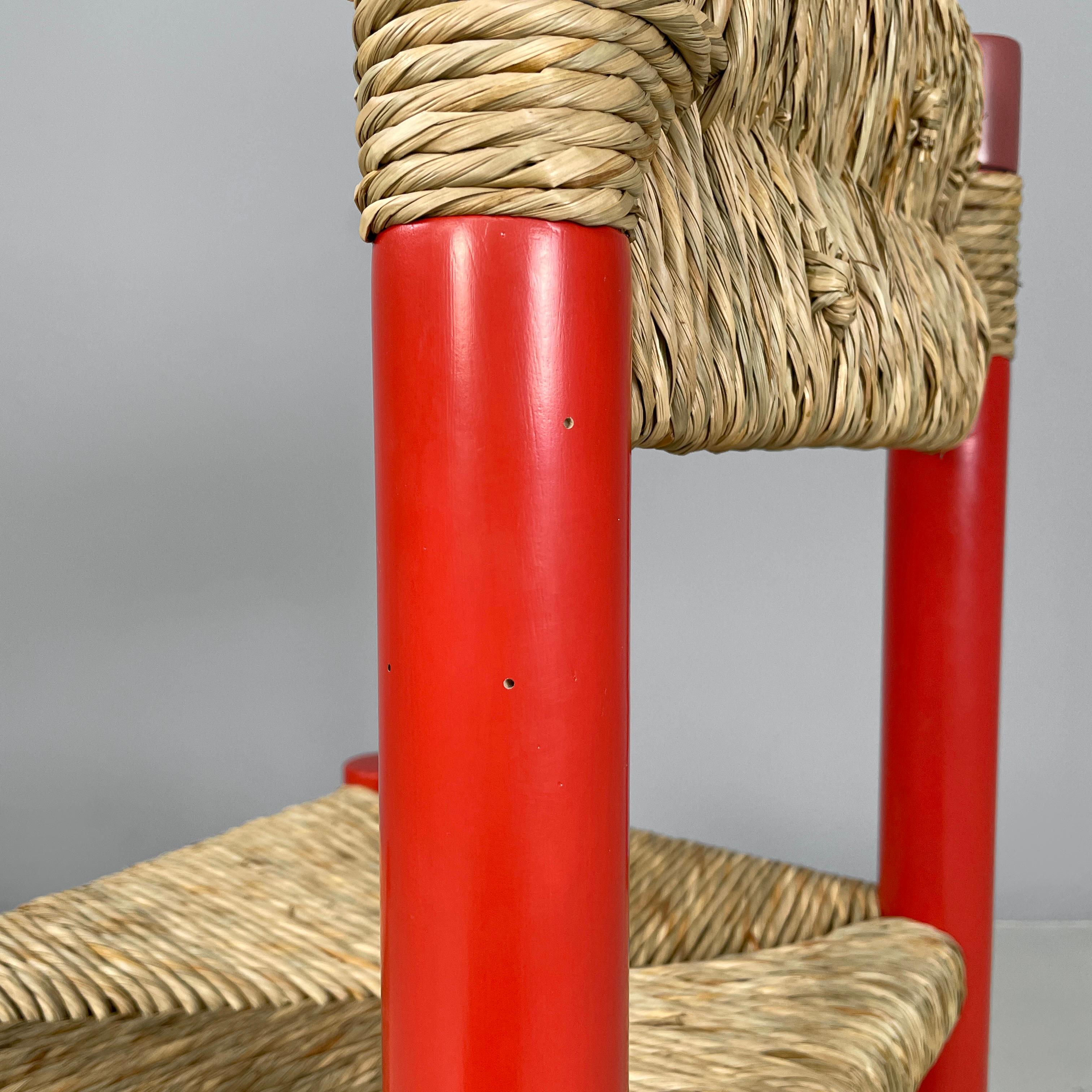 Italian mid-century modern chairs in red wood and straw, 1970s For Sale 4