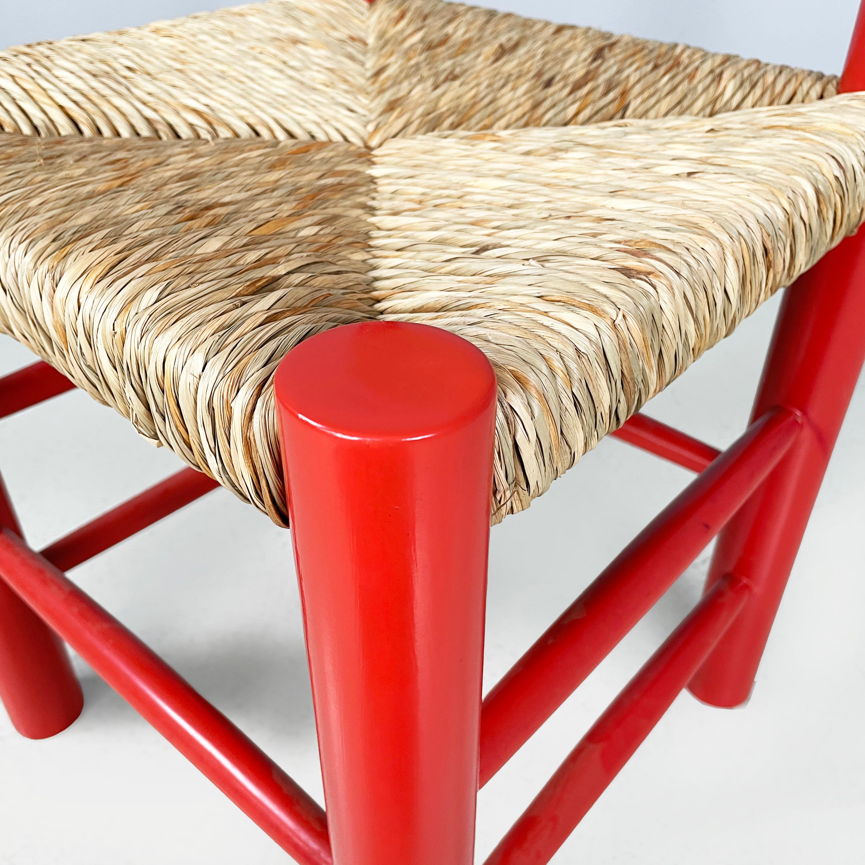 Italian mid-century modern chairs in red wood and straw, 1970s For Sale 7