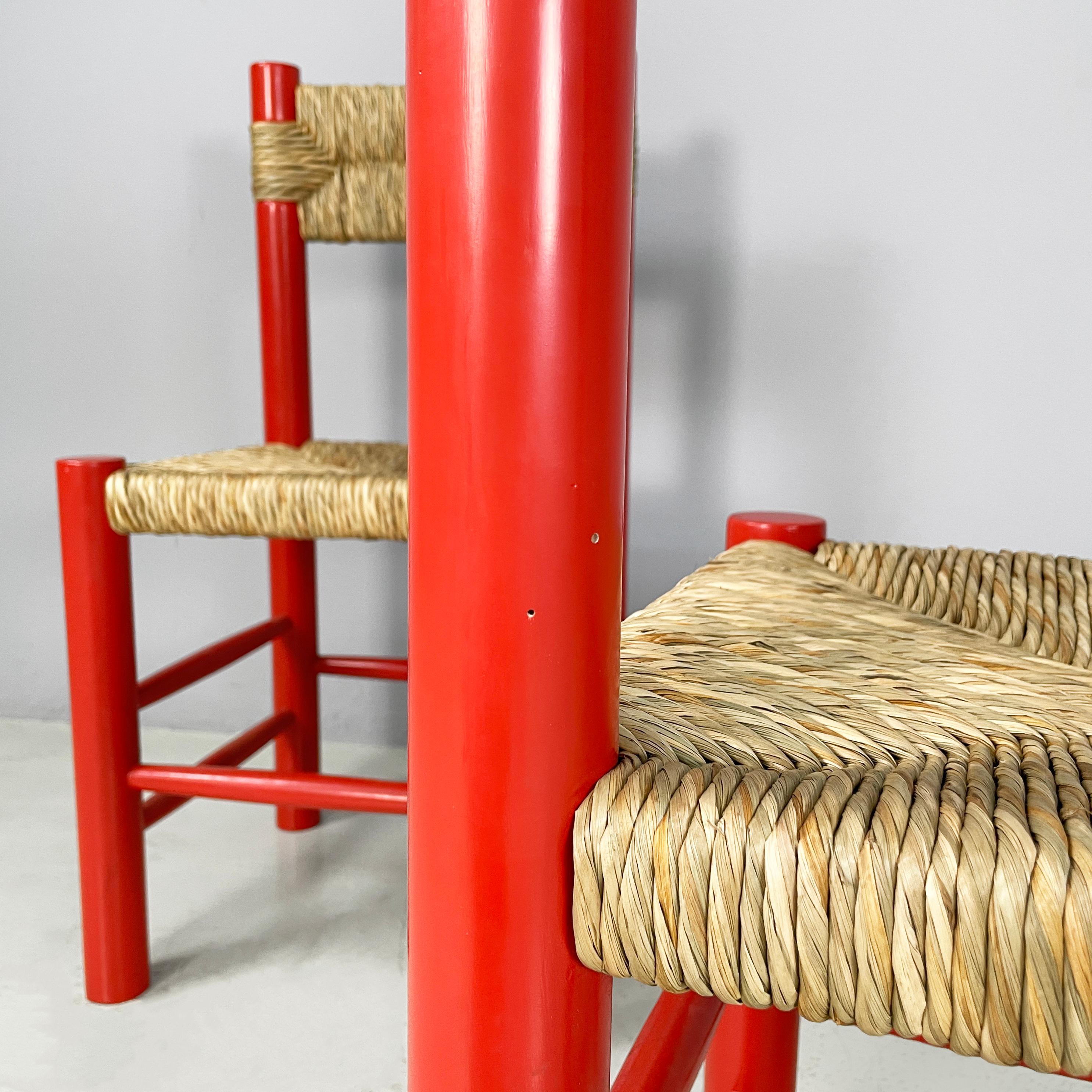 Italian mid-century modern chairs in red wood and straw, 1970s For Sale 8