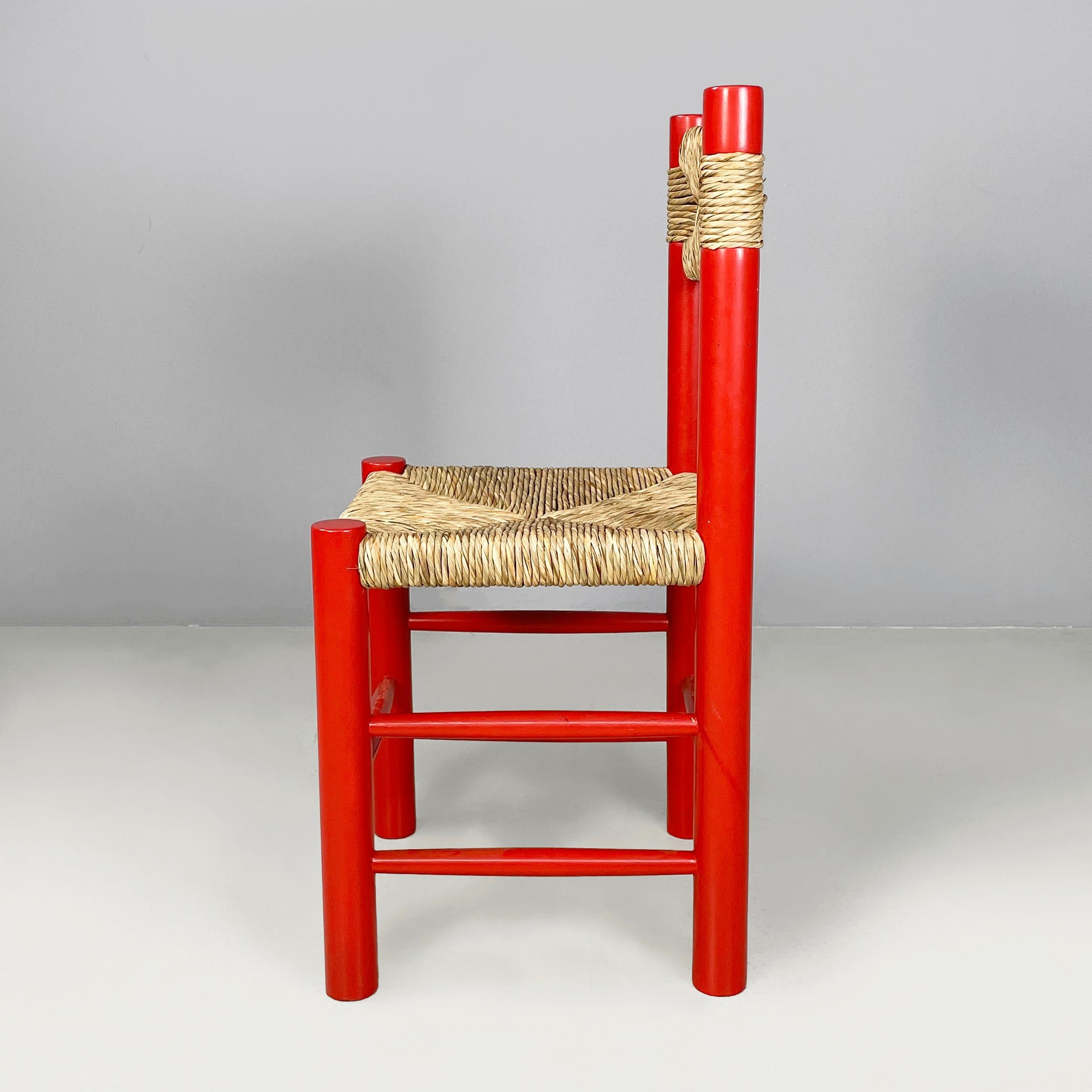 Mid-Century Modern Italian mid-century modern chairs in red wood and straw, 1970s For Sale