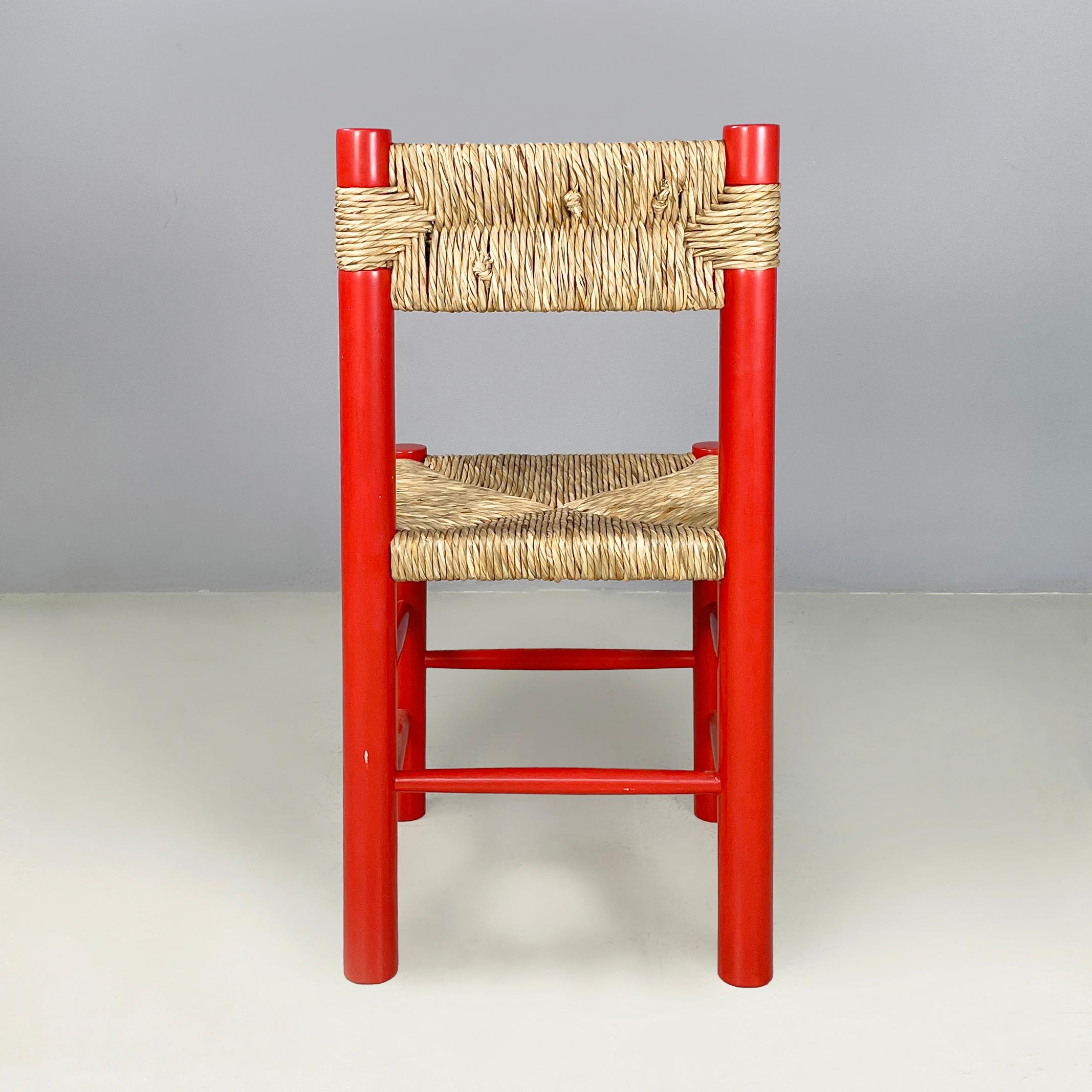 Italian mid-century modern chairs in red wood and straw, 1970s In Good Condition For Sale In MIlano, IT