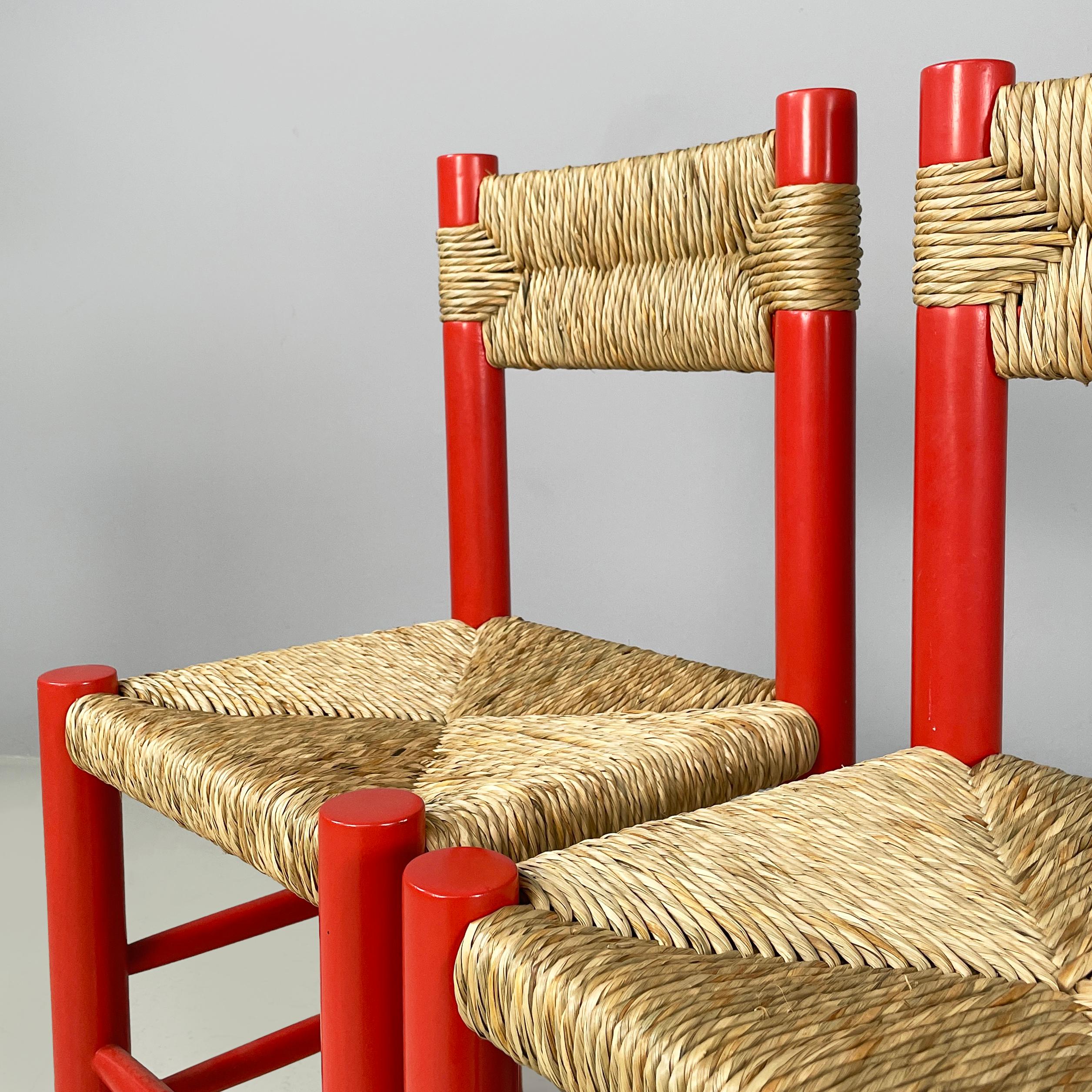 Late 20th Century Italian mid-century modern chairs in red wood and straw, 1970s For Sale