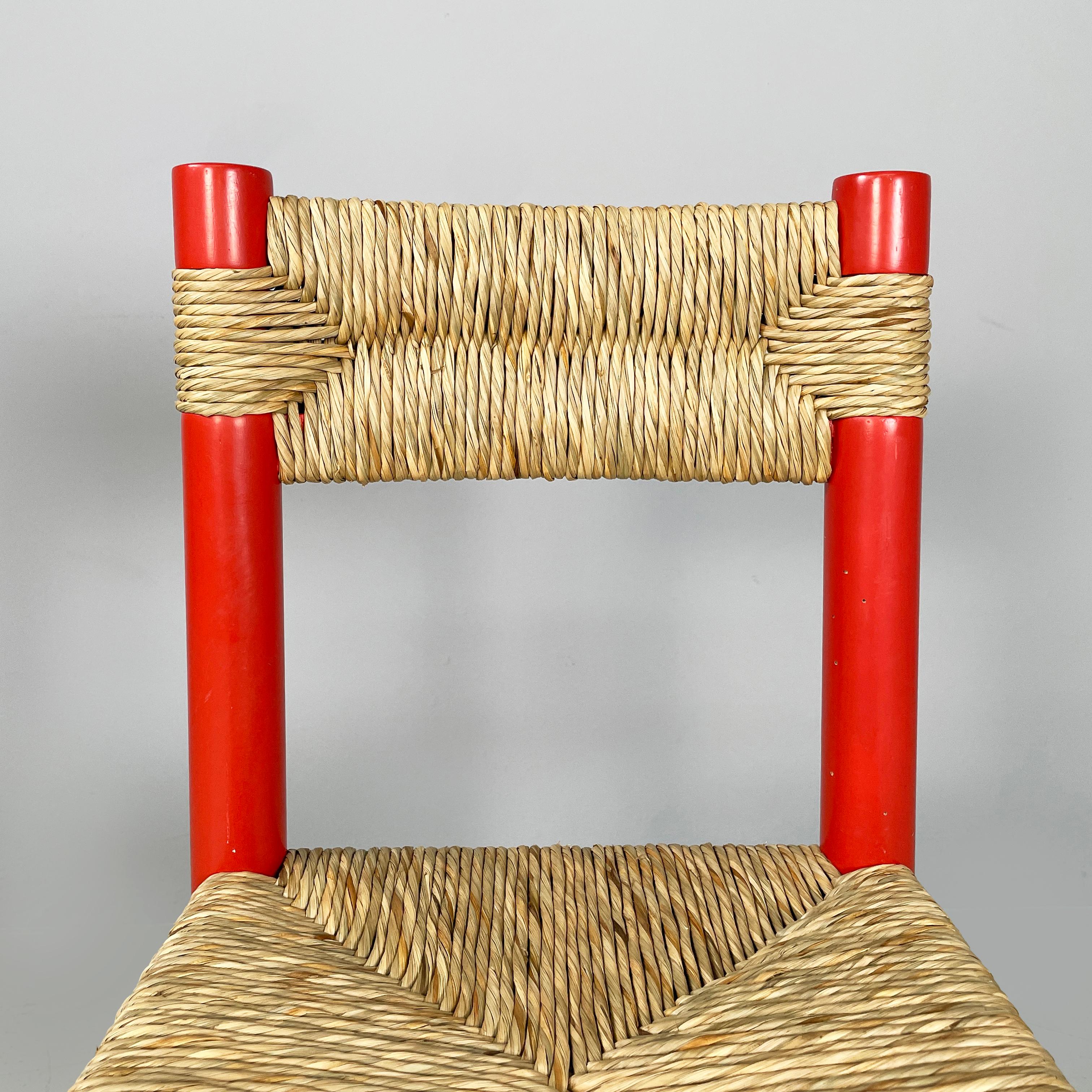 Straw Italian mid-century modern chairs in red wood and straw, 1970s For Sale