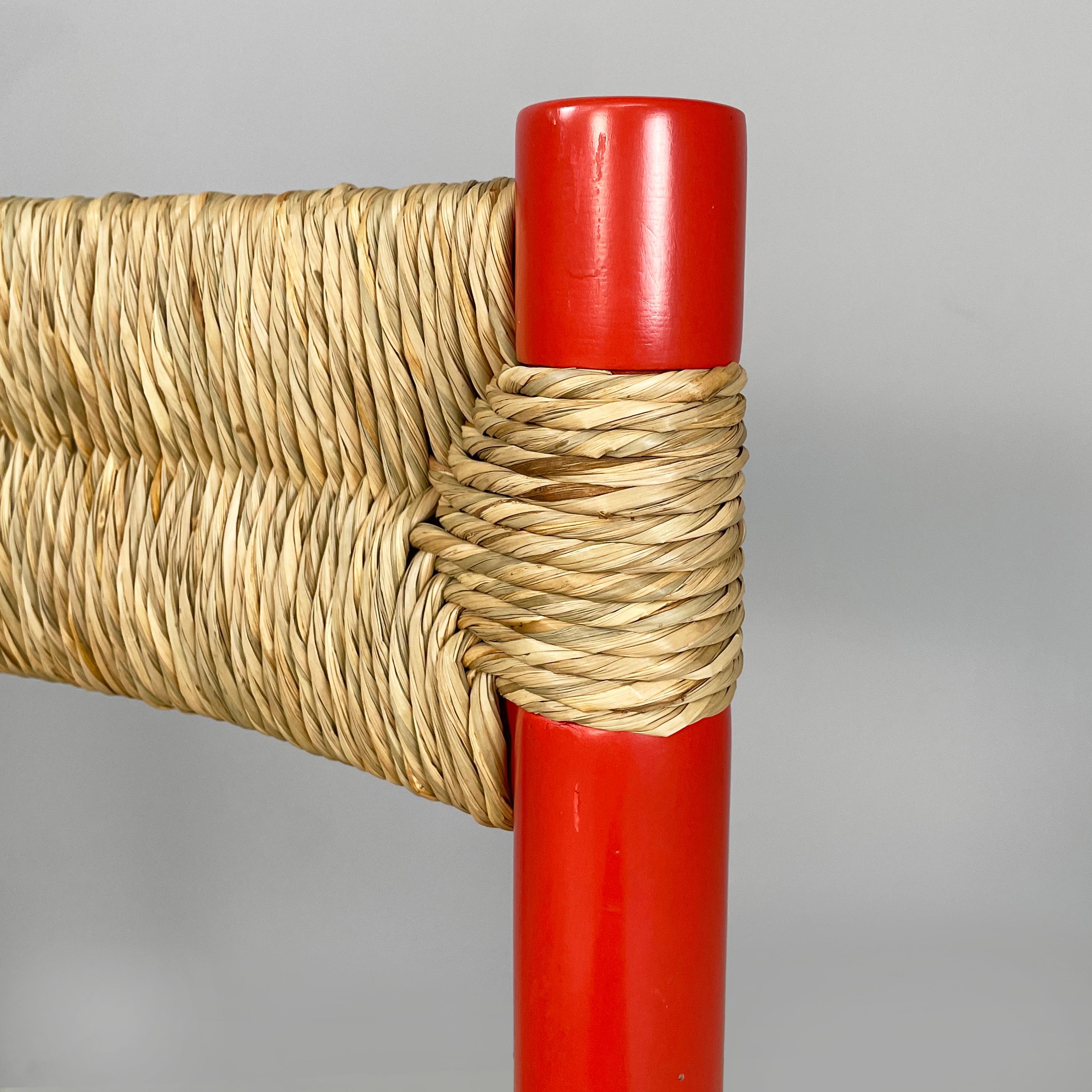 Italian mid-century modern chairs in red wood and straw, 1970s For Sale 1