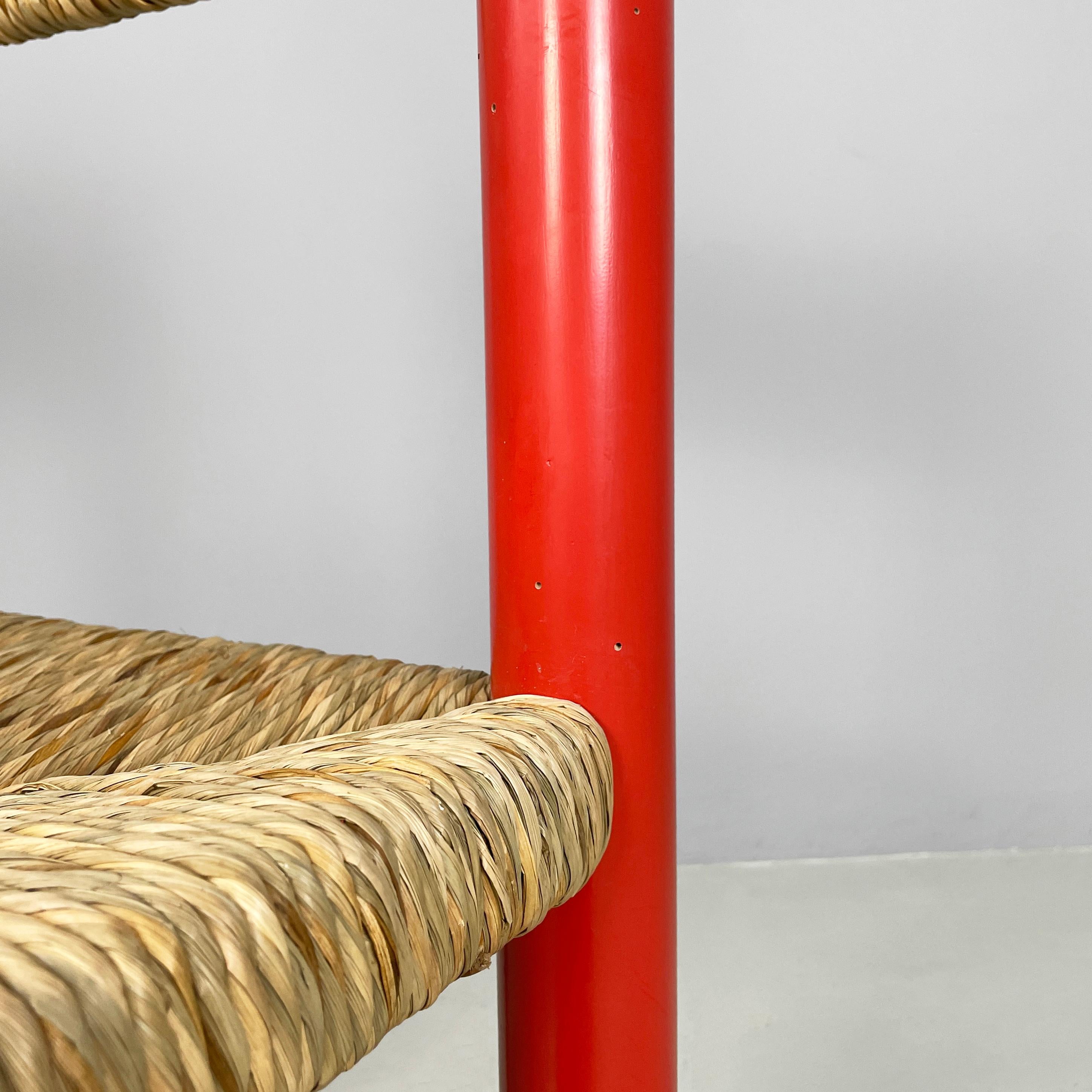 Italian mid-century modern chairs in red wood and straw, 1970s For Sale 3