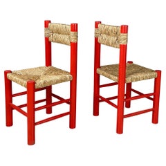Italian mid-century modern chairs in red wood and straw, 1970s
