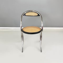 Italian mid-century modern Chairs in straw, black wood and tubular steel, 1970s