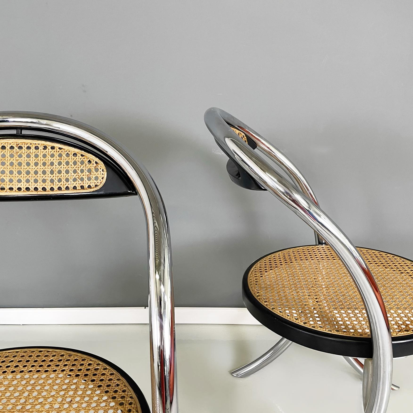 Italian mid-century modern Chairs in straw, black wood and tubular steel, 1970s For Sale 3
