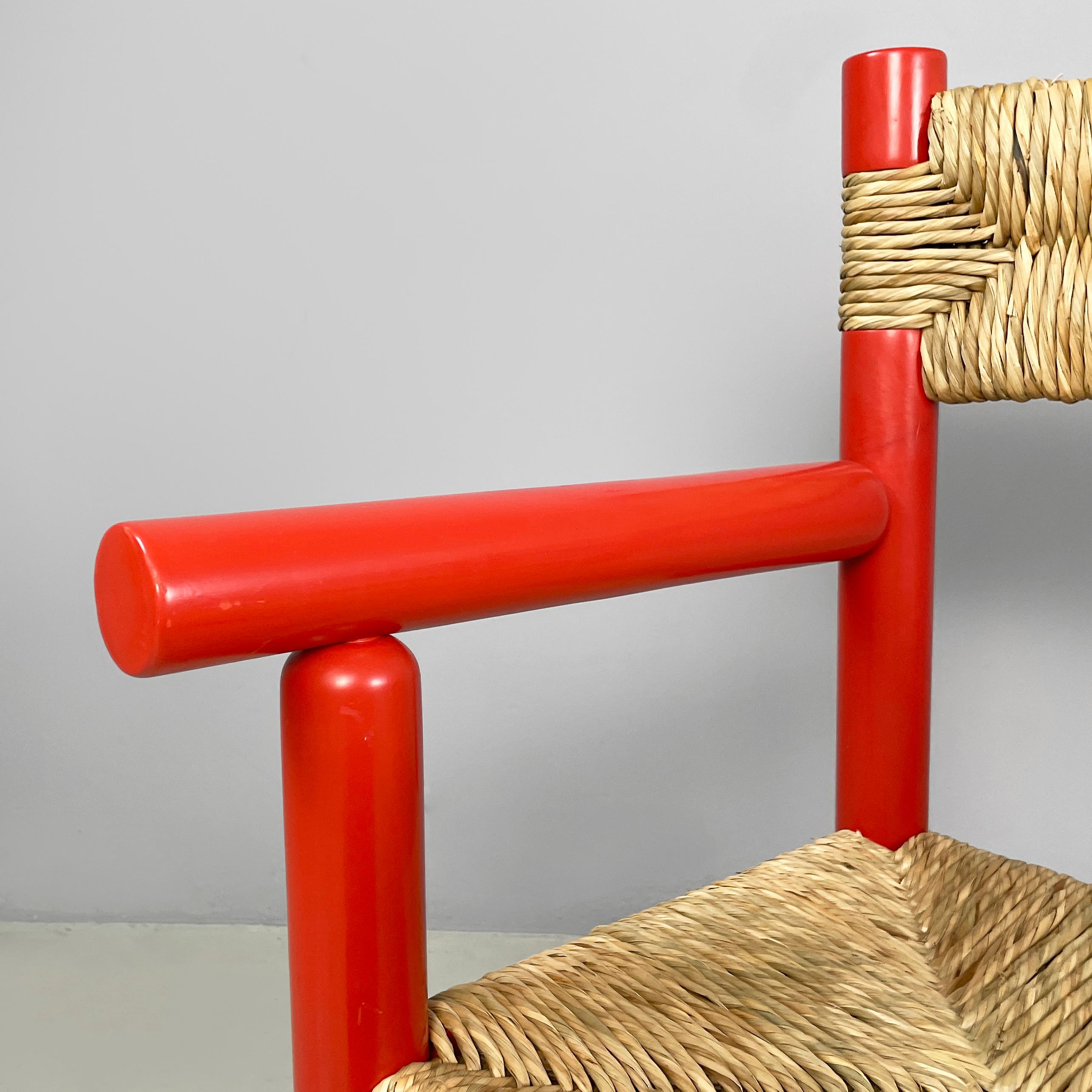 Italian mid-century modern chairs with armrests in red wood and straw, 1970s For Sale 4