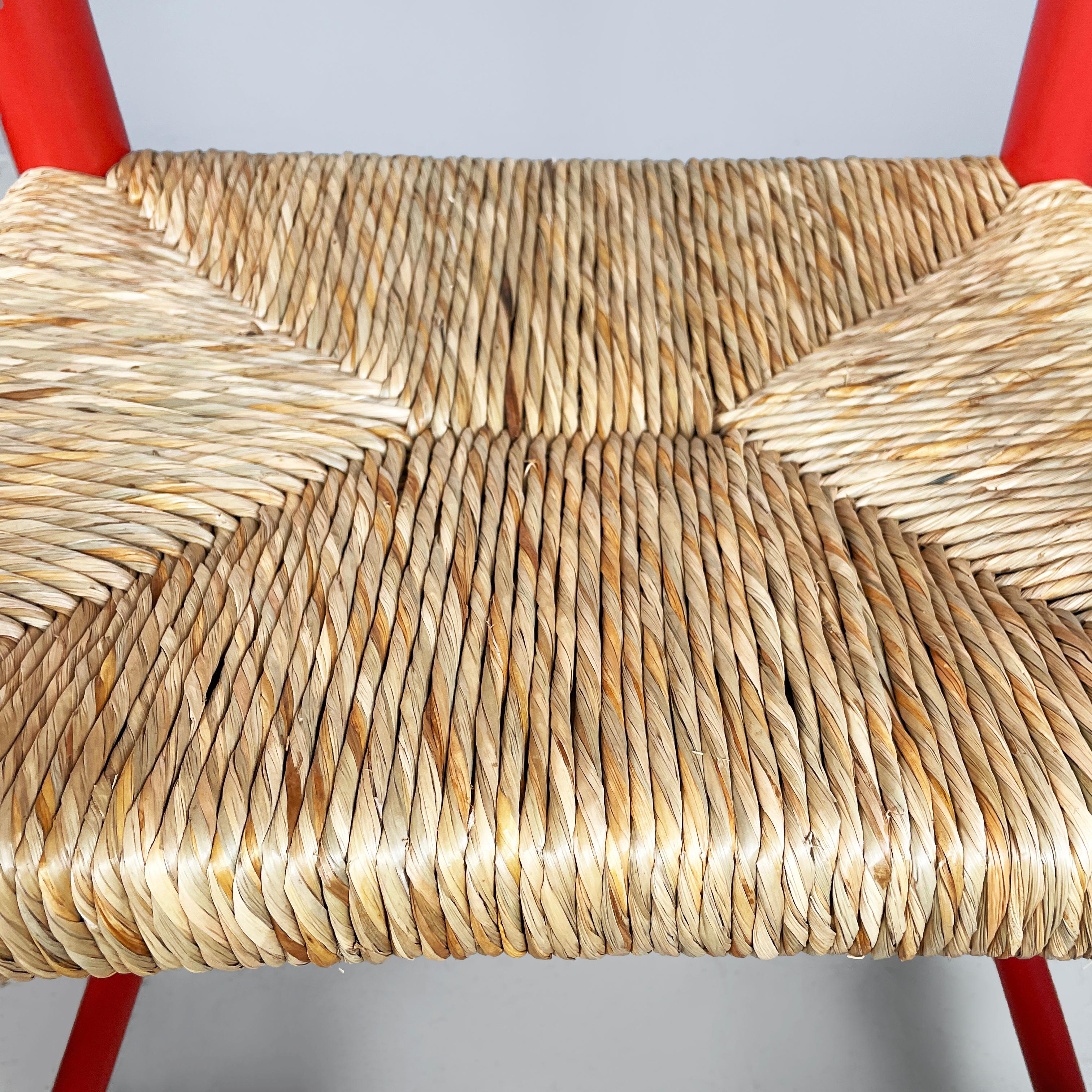 Italian mid-century modern chairs with armrests in red wood and straw, 1970s For Sale 5