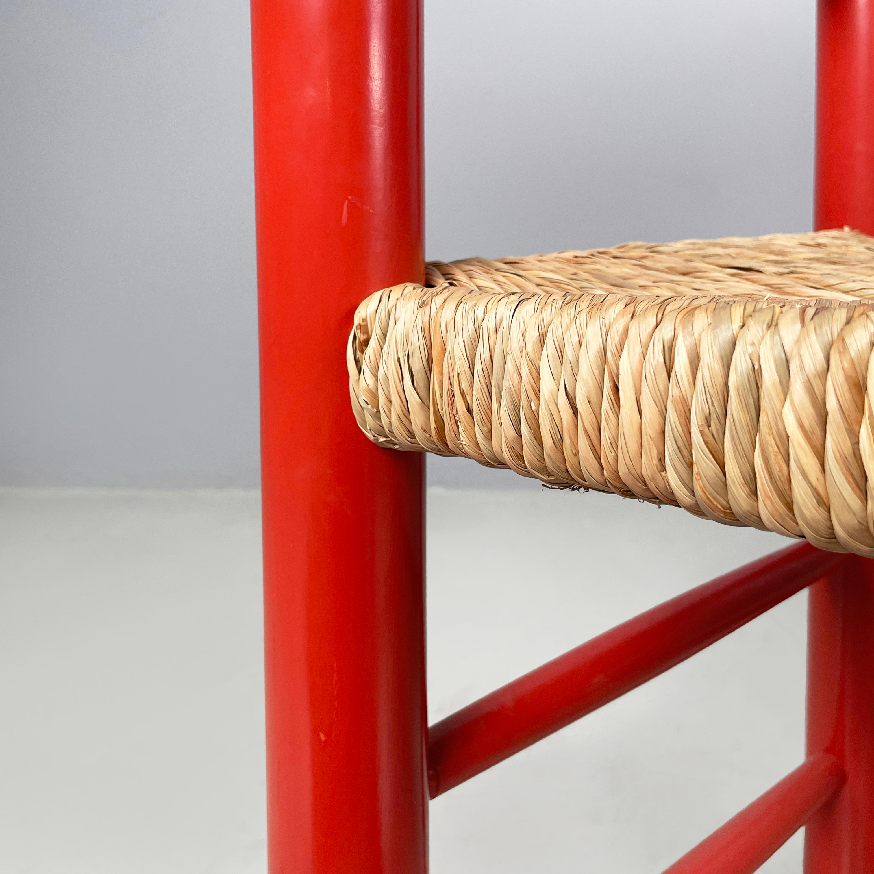 Italian mid-century modern chairs with armrests in red wood and straw, 1970s For Sale 6