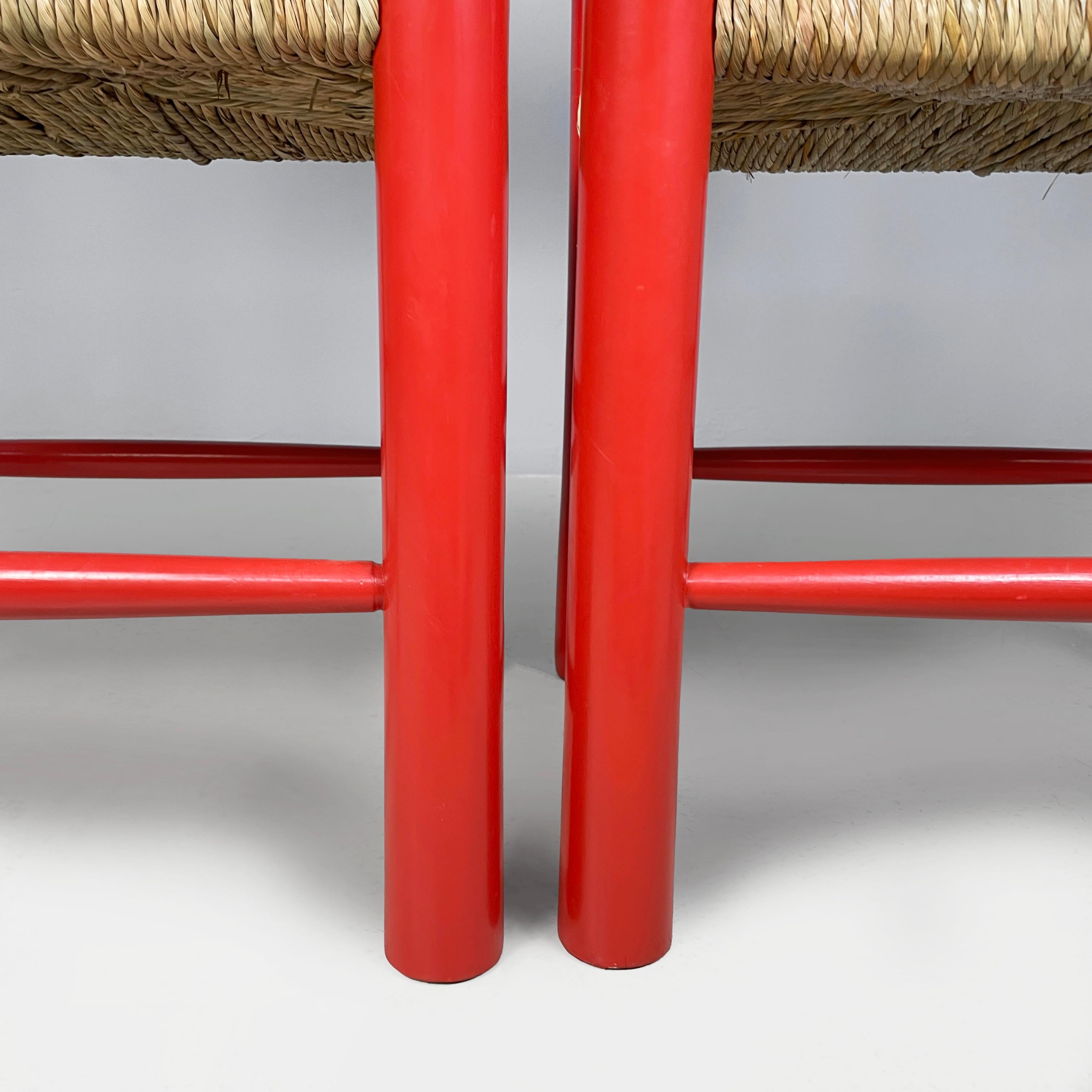 Italian mid-century modern chairs with armrests in red wood and straw, 1970s For Sale 8