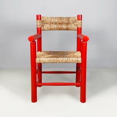 Sillas modernas italianas de mediados de siglo con reposabrazos de madera roja y paja, años 70