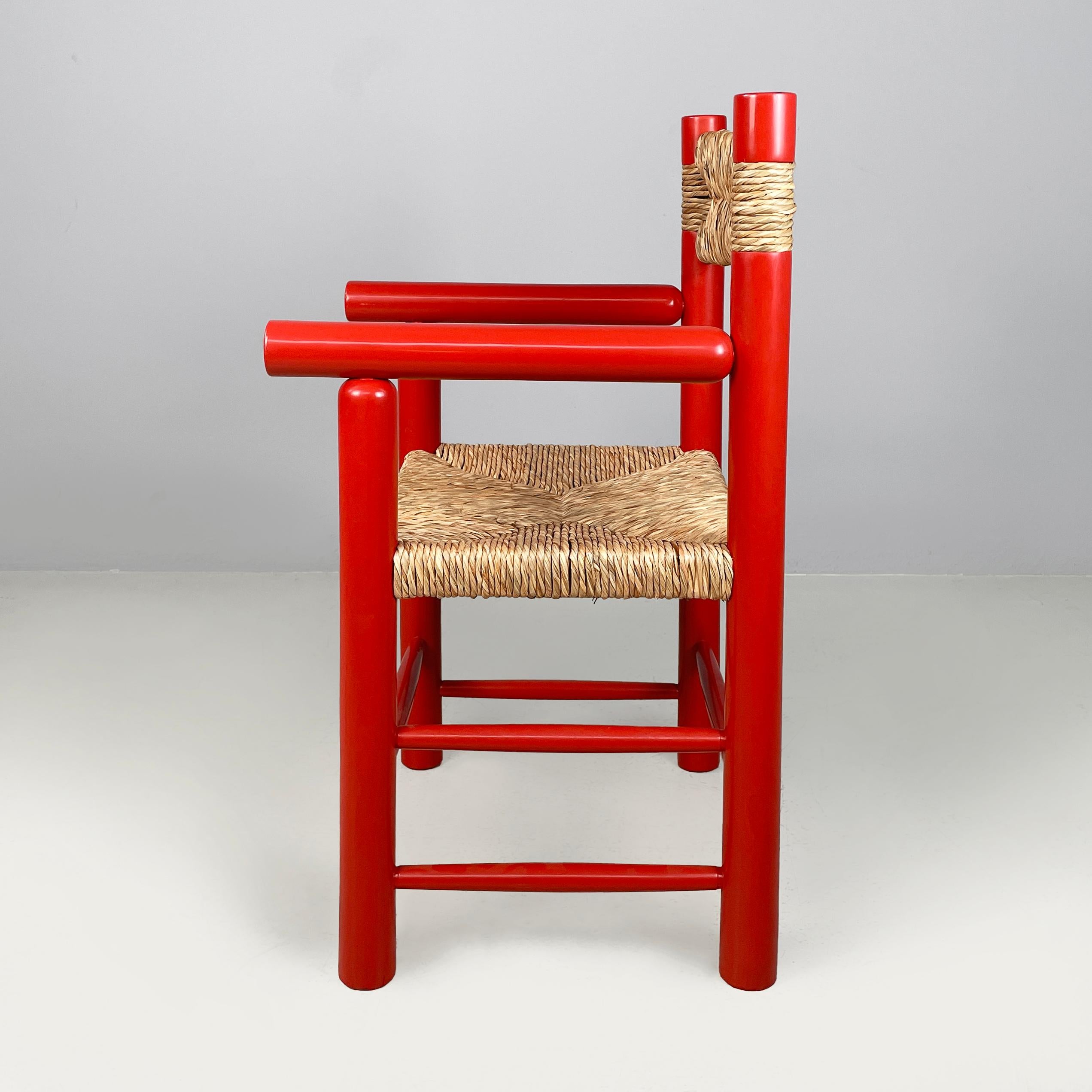 Mid-Century Modern Italian mid-century modern chairs with armrests in red wood and straw, 1970s For Sale