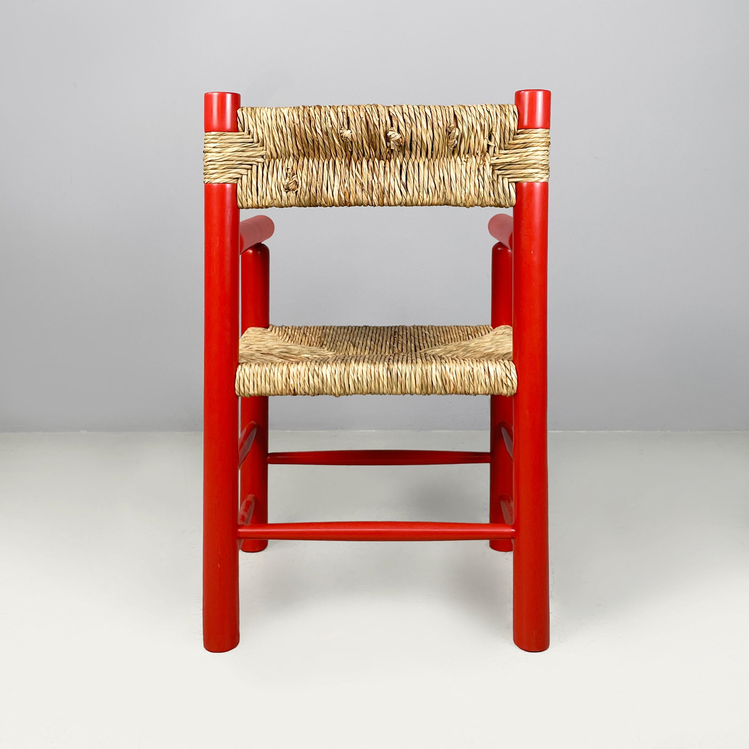 Italian mid-century modern chairs with armrests in red wood and straw, 1970s In Good Condition For Sale In MIlano, IT