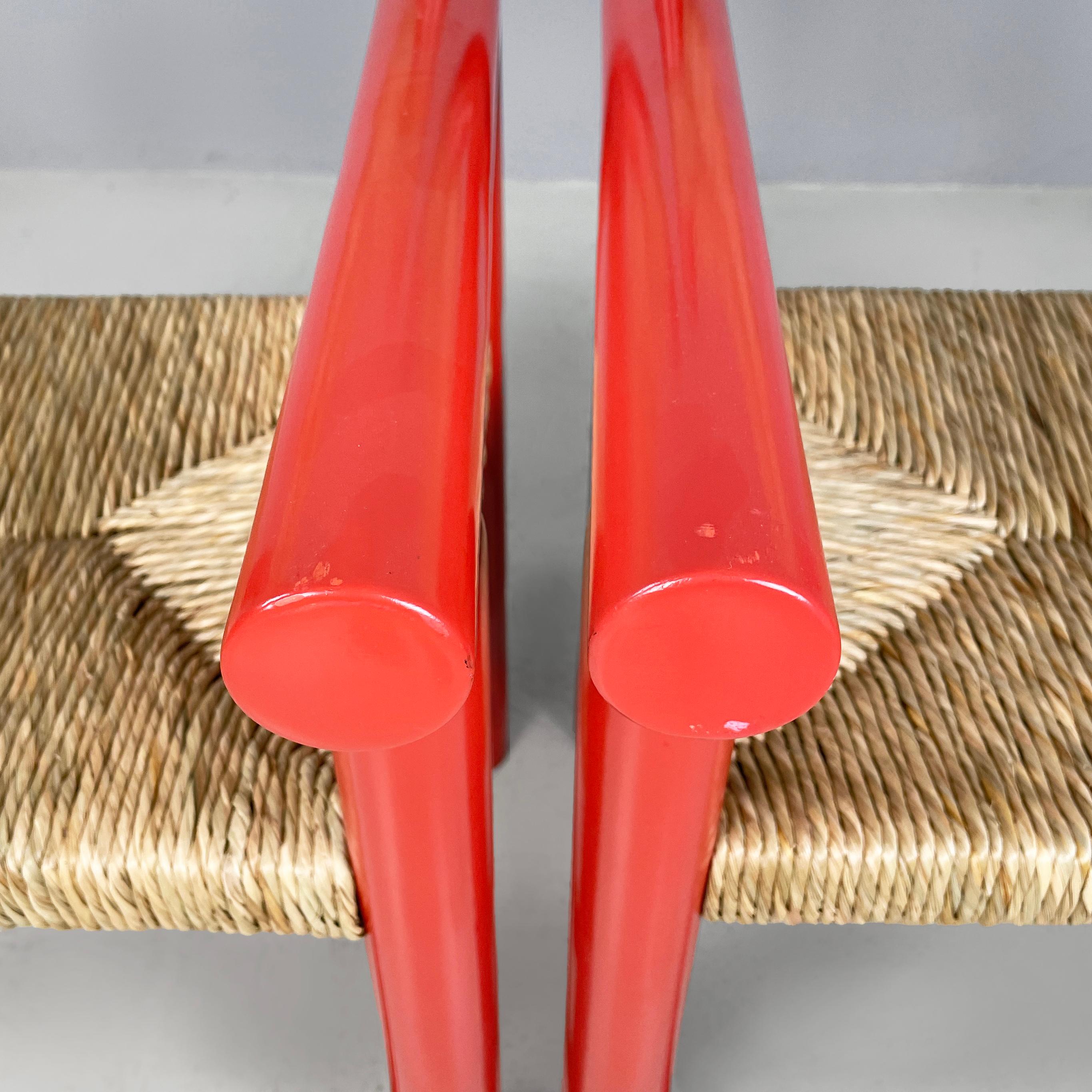 Italian mid-century modern chairs with armrests in red wood and straw, 1970s For Sale 1