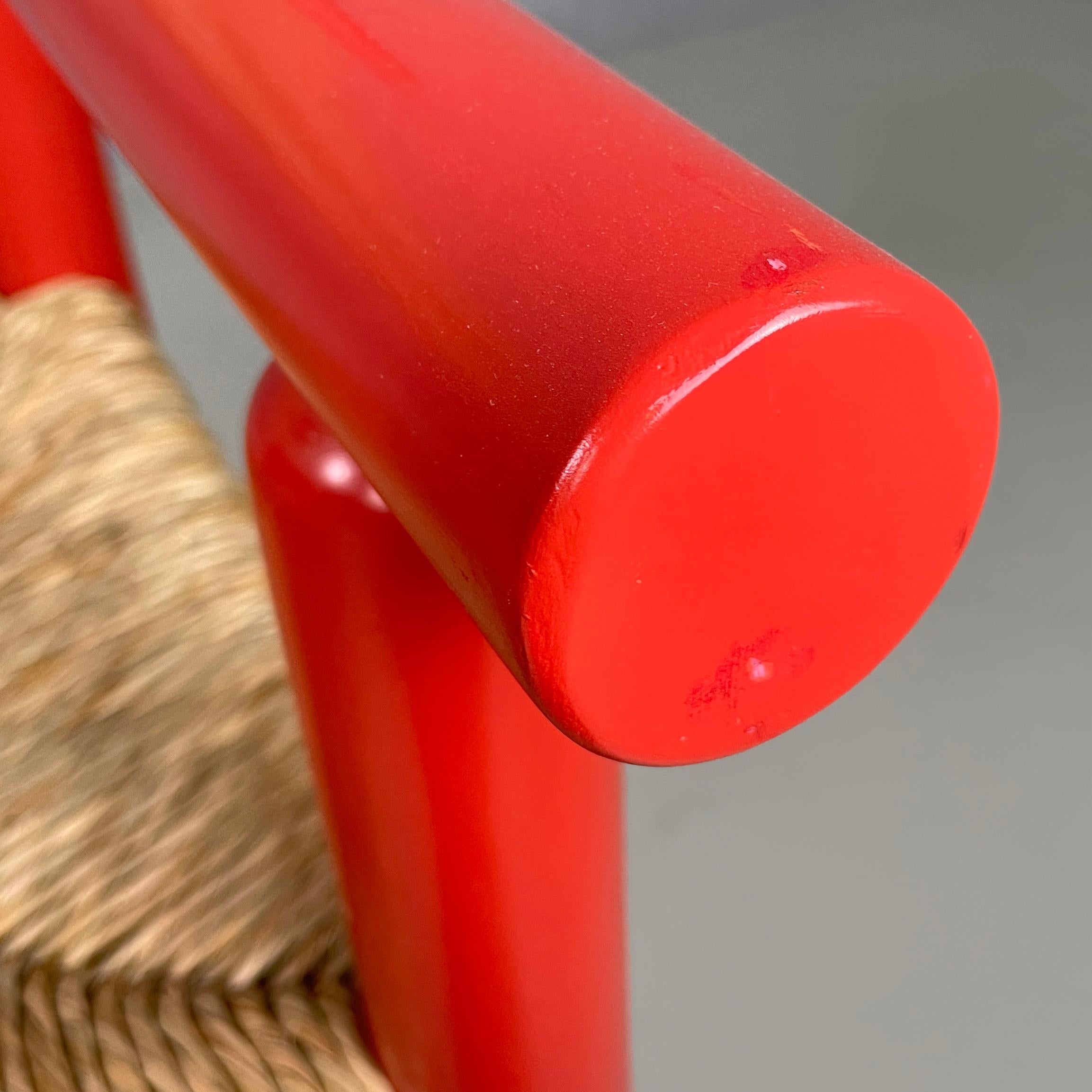 Italian mid-century modern chairs with armrests in red wood and straw, 1970s For Sale 3