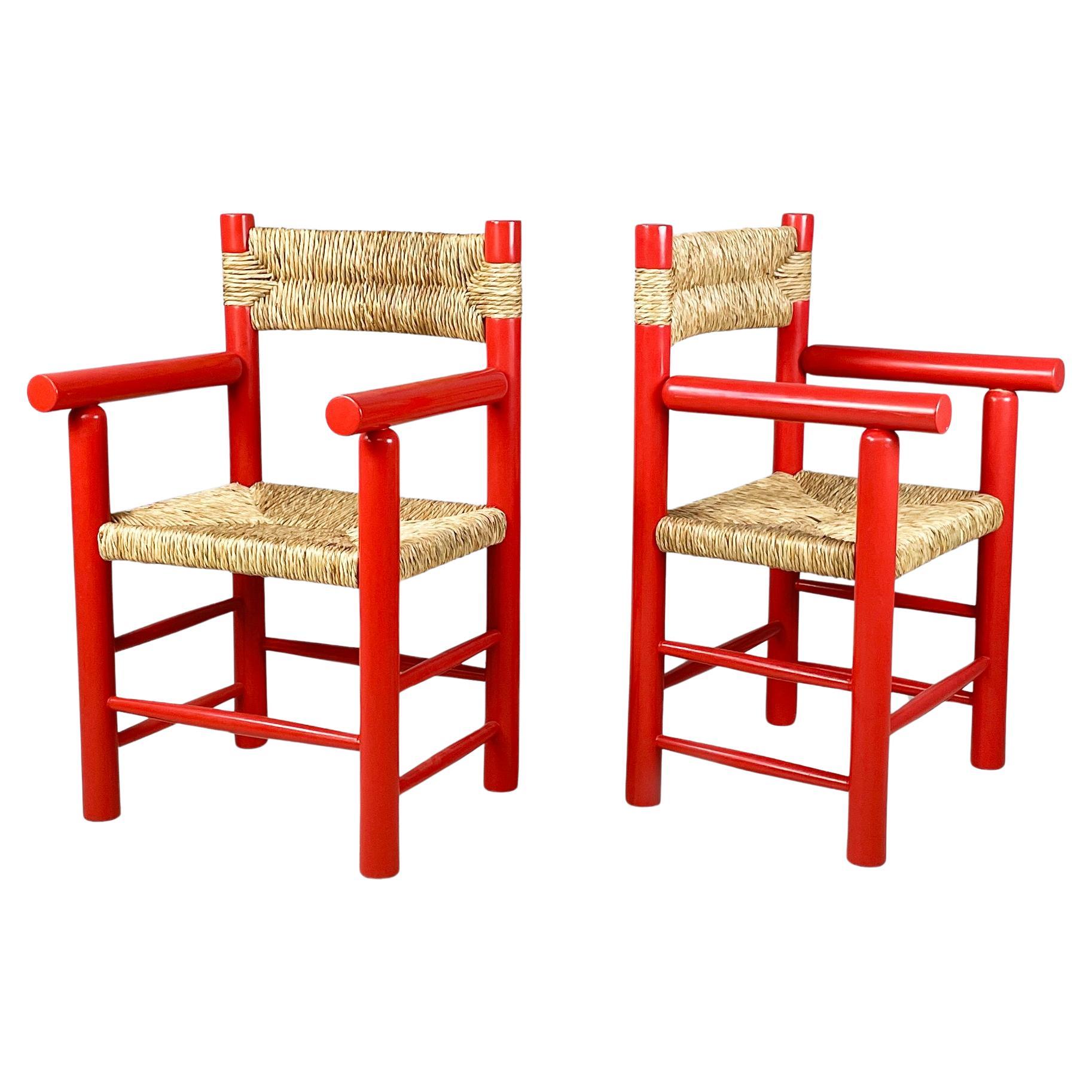 Italian mid-century modern chairs with armrests in red wood and straw, 1970s
