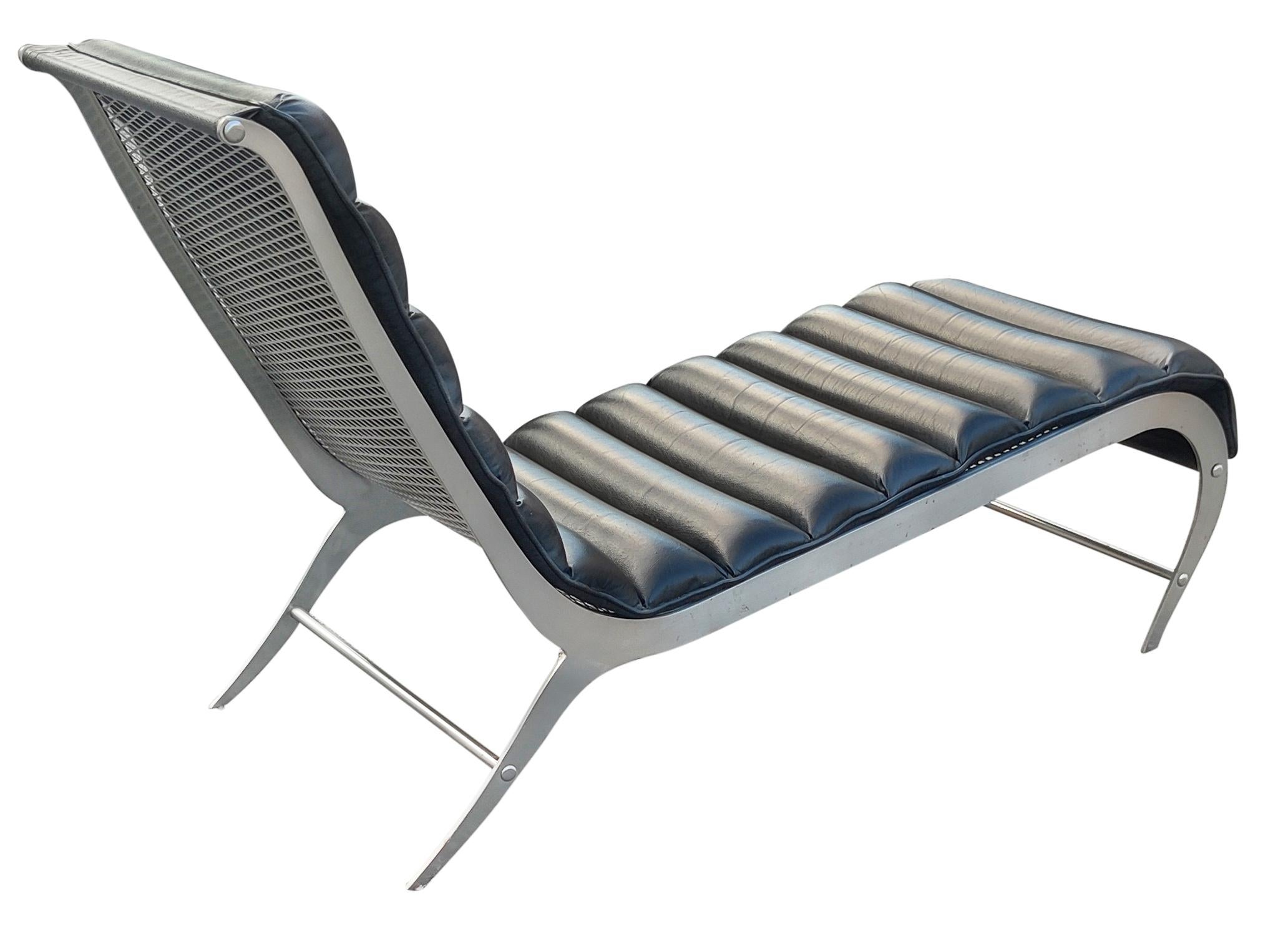 Mid-20th Century Italian Mid-Century Modern Chaise Lounge Brushed Steel Black Leather Vintage  For Sale