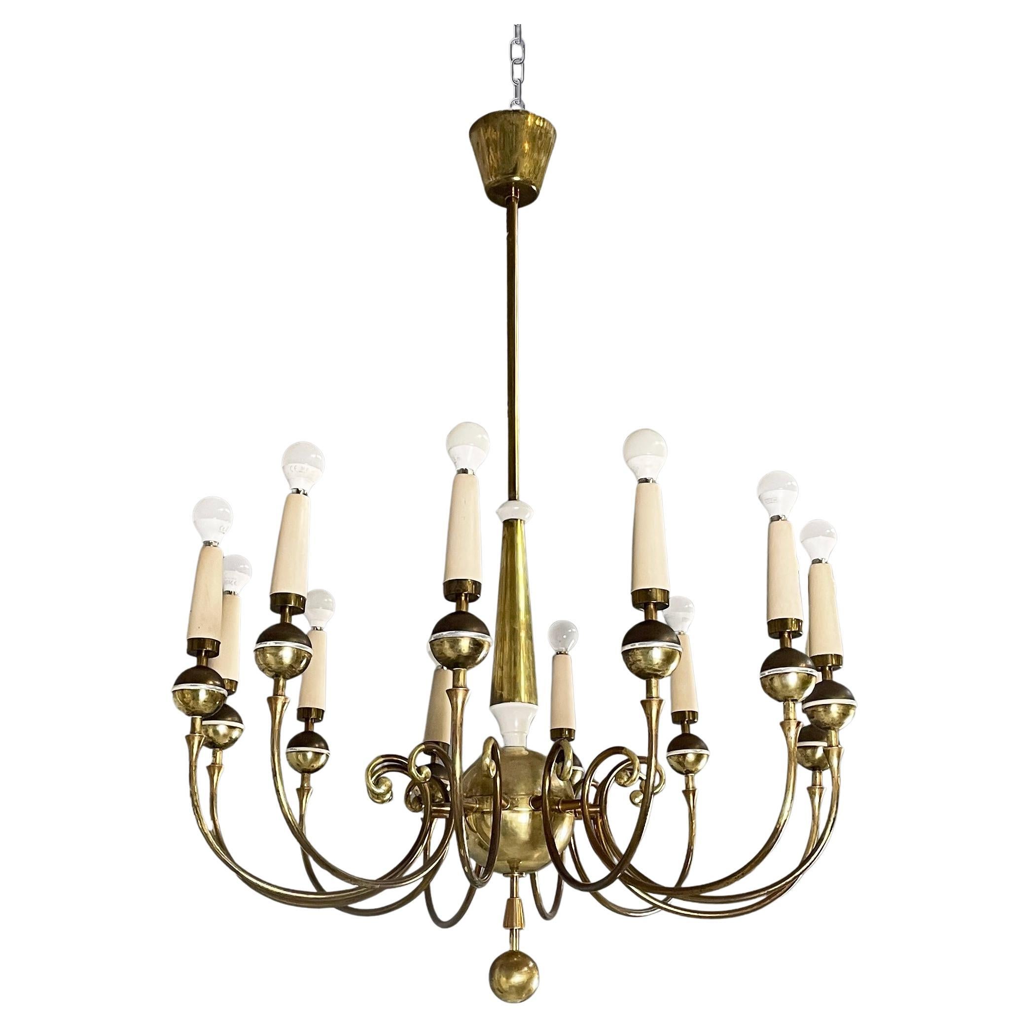 Italian mid-century modern chandelier in brass and white metal, 1950s