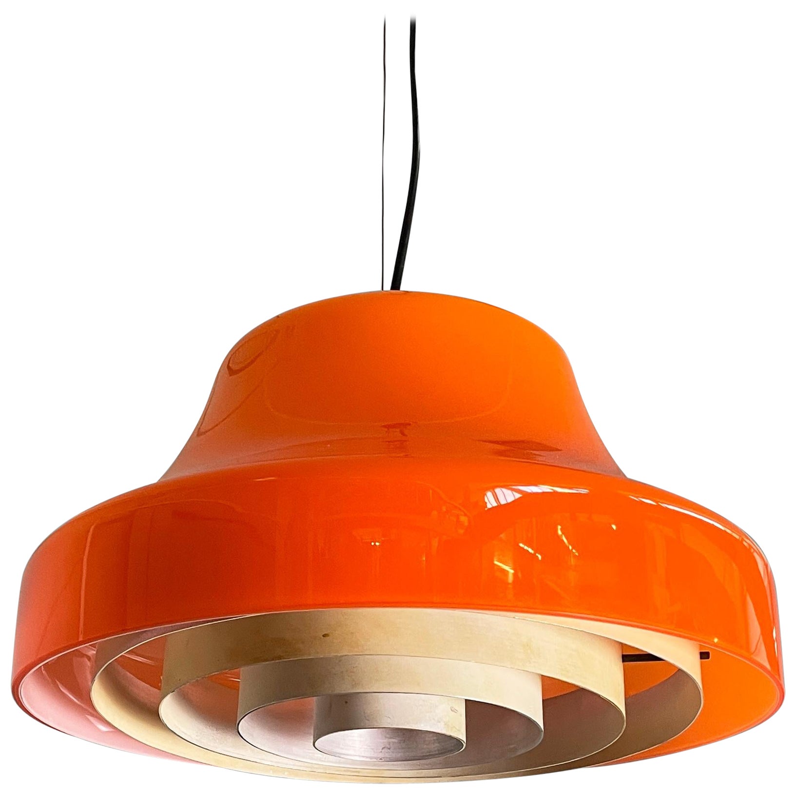 Italian mid-century modern chandelier in orange glass and white metal, 1970s
