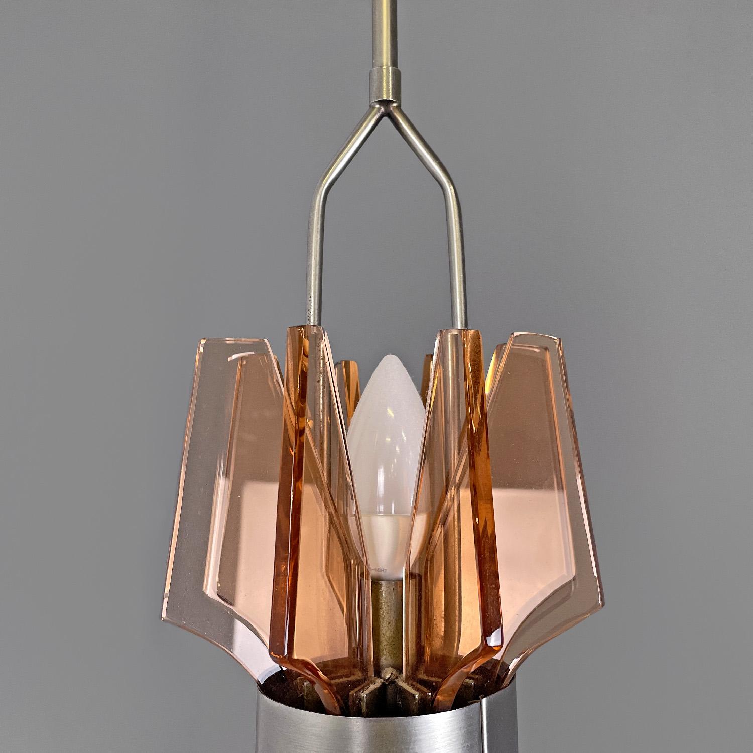 Italian mid-century modern chandelier in peach pink glass and metal, 1960s For Sale 3
