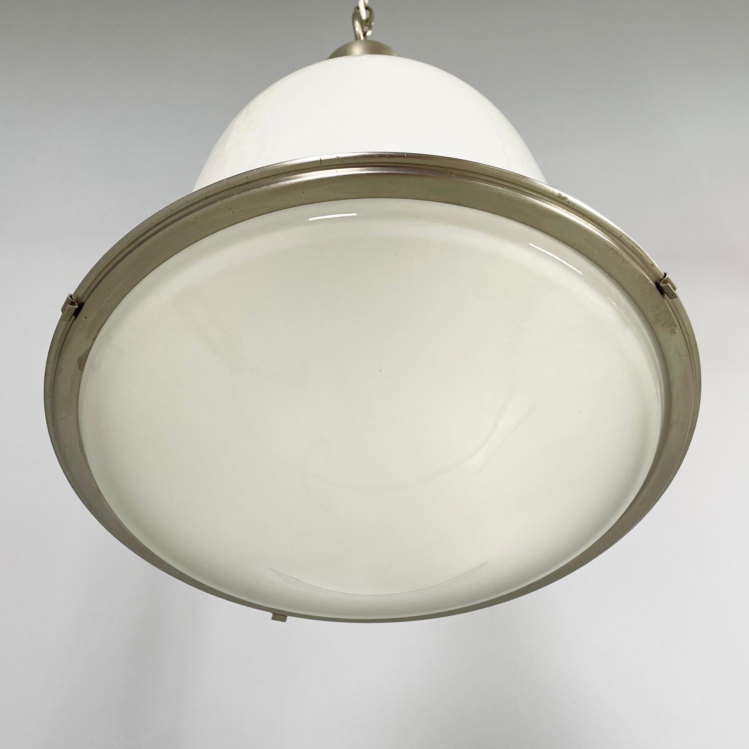 Metal Italian mid-century modern Chandeliers in opaline glass and metal, 1960s For Sale