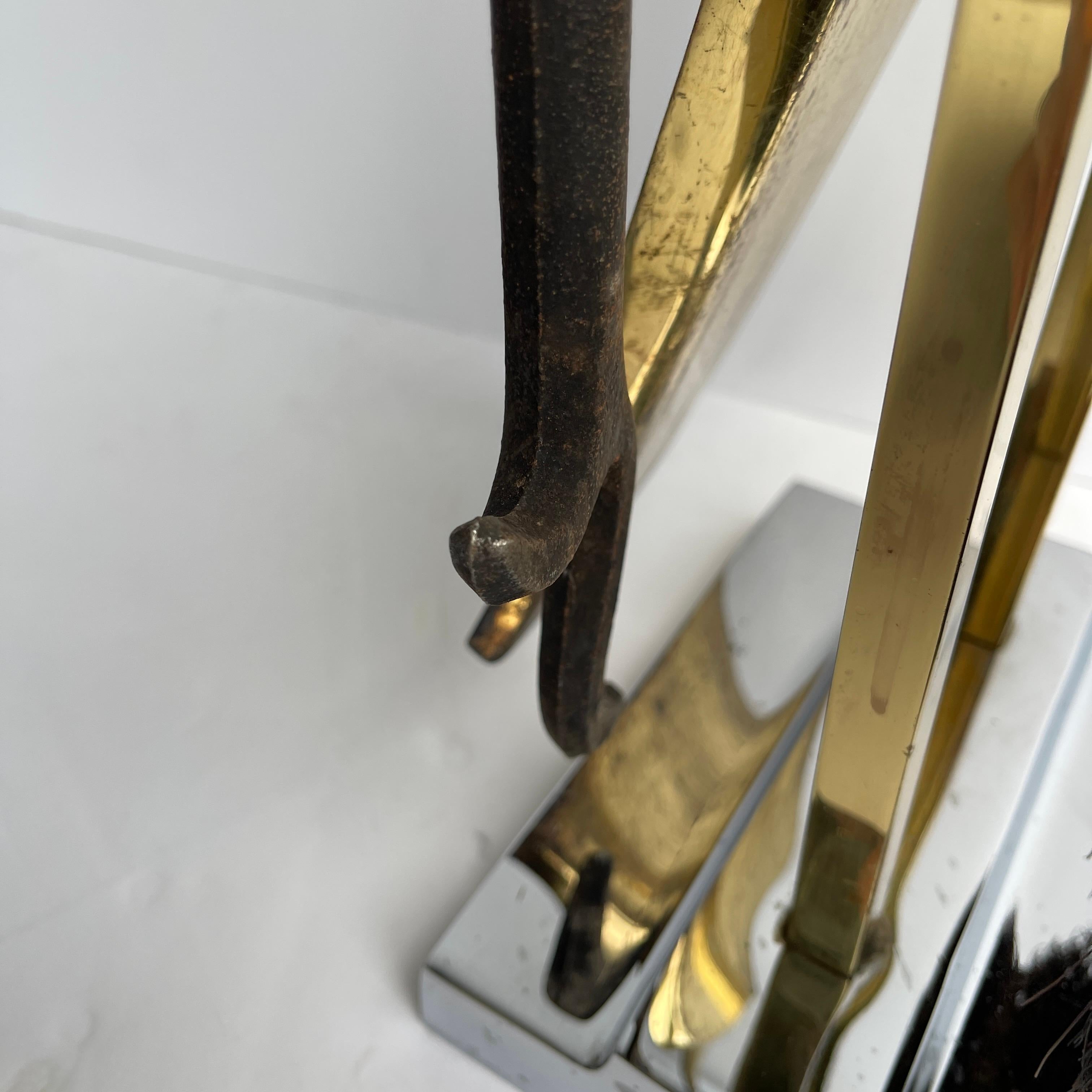 Italian Mid-Century Modern Chrome and Brass Fireplace Tools For Sale 14