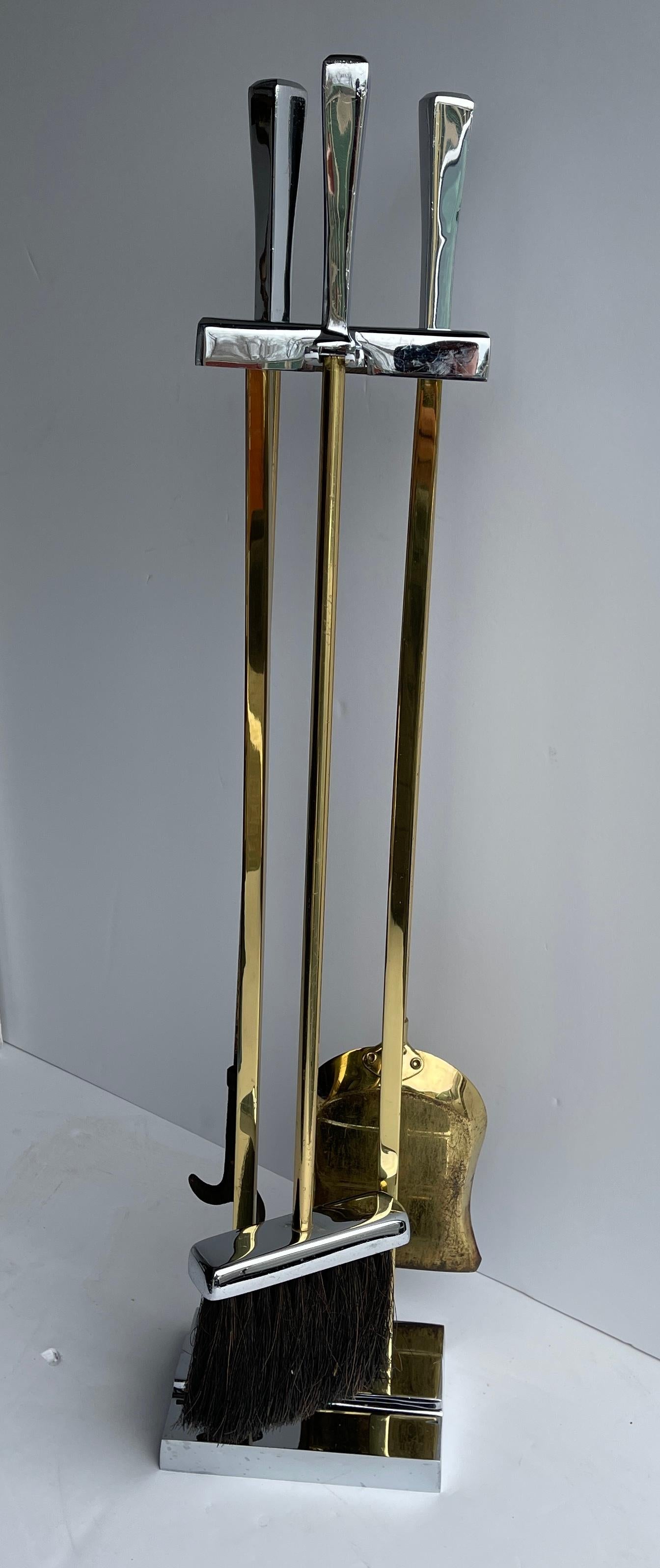 Italian Mid-Century Modern Chrome and Brass Fireplace Tools For Sale 2