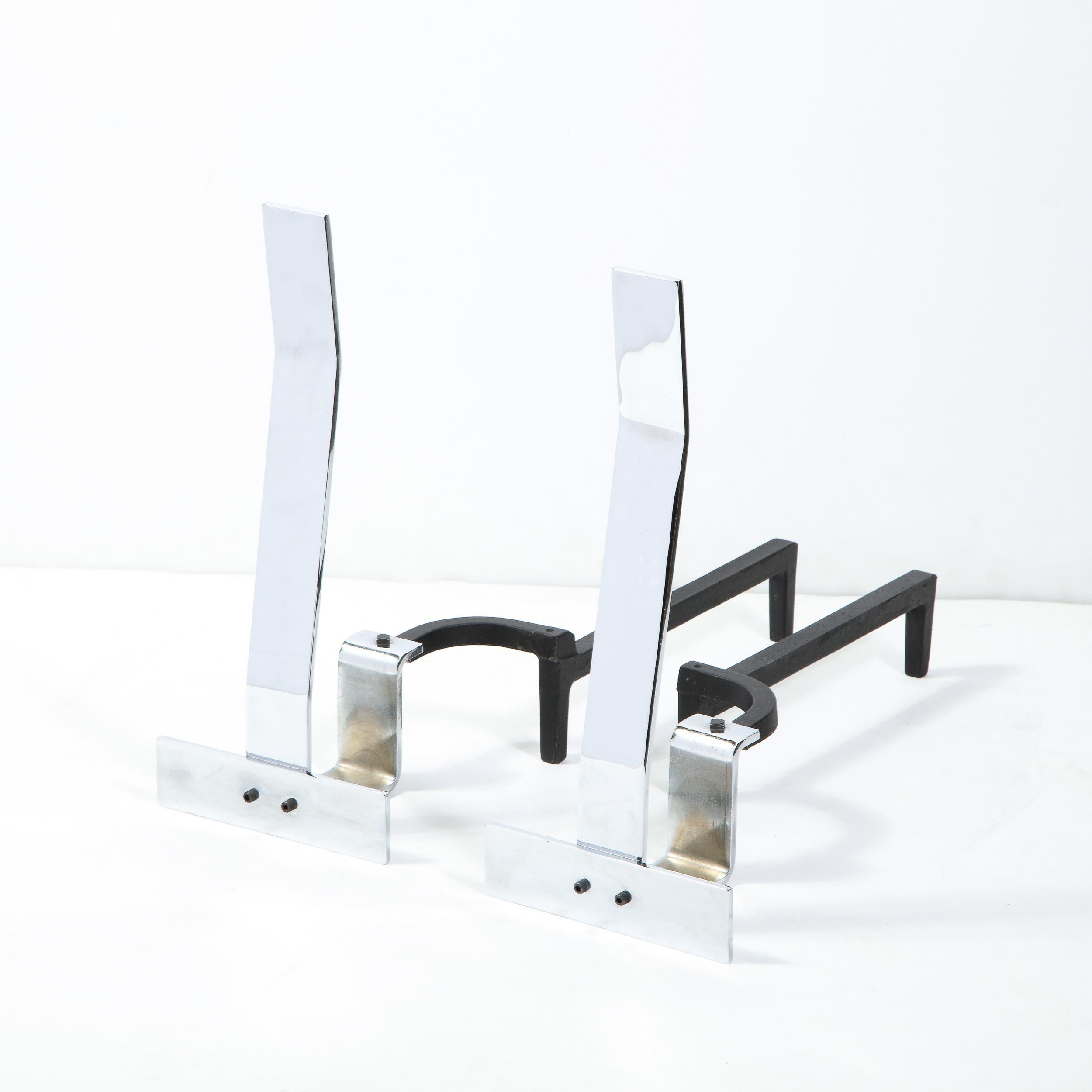 American Italian Mid-Century Modern Chrome Andirons by Alessandro Albrizzi For Sale