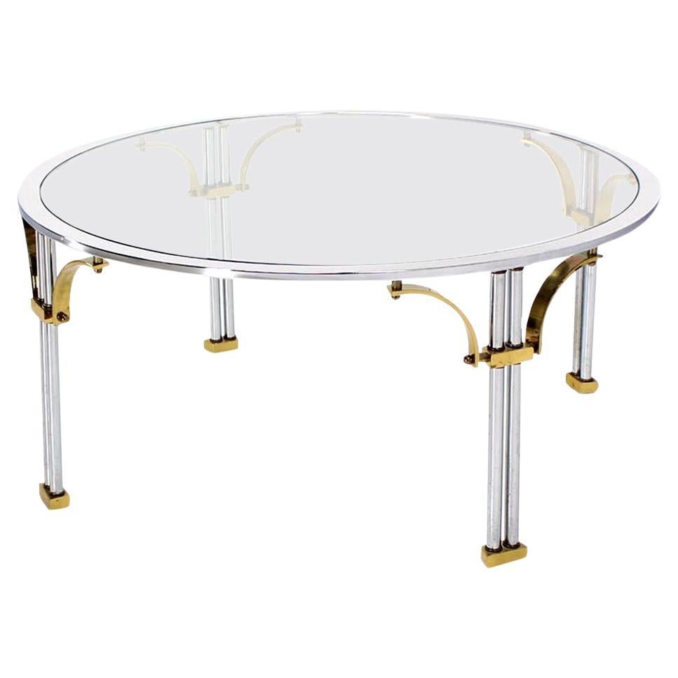 Italian Mid Century Modern Chrome Brass Glass Top Round Coffee Table MINT! For Sale