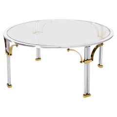 Vintage Italian Mid Century Modern Chrome Brass Glass Top Round Coffee Table MINT!