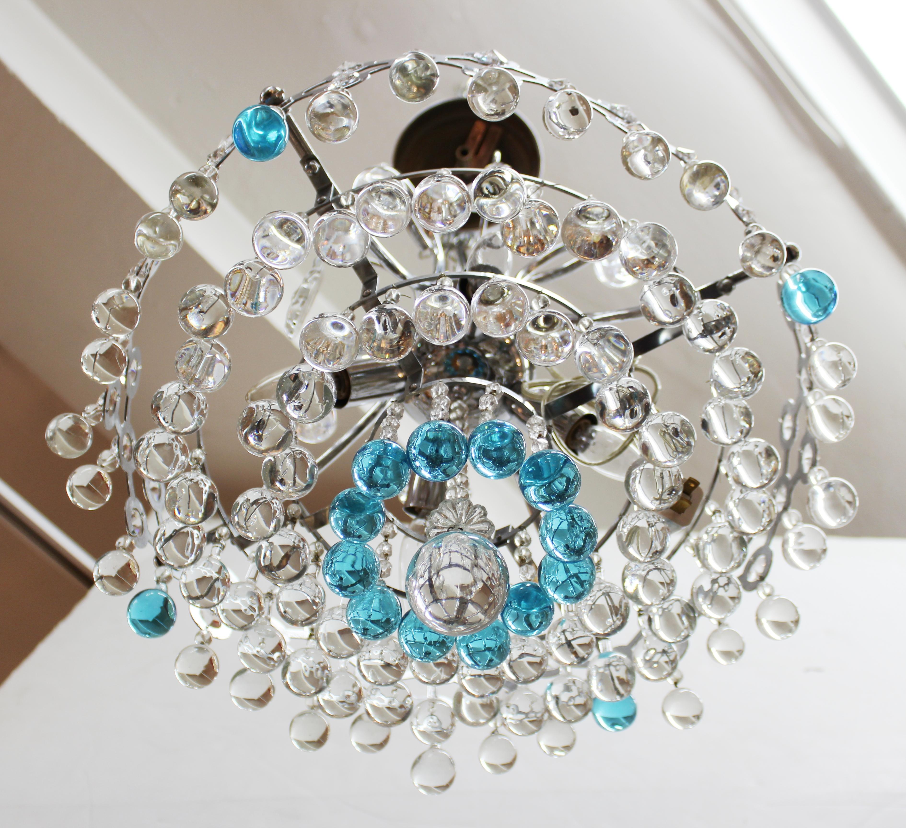 Italian Mid-Century Modern Chrome Chandelier with Clear & Turquoise Glass Balls 5