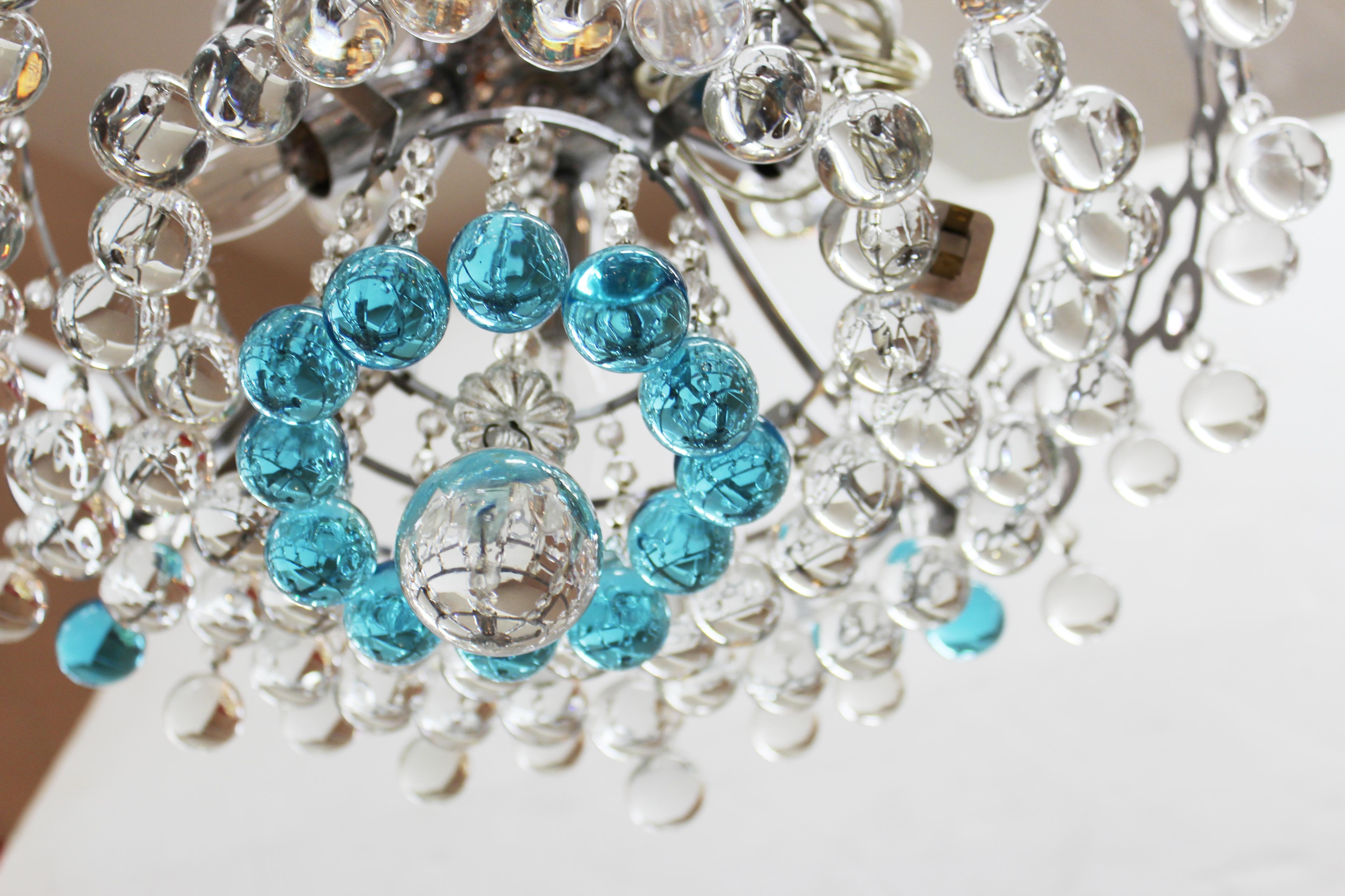 Italian Mid-Century Modern Chrome Chandelier with Clear & Turquoise Glass Balls 6