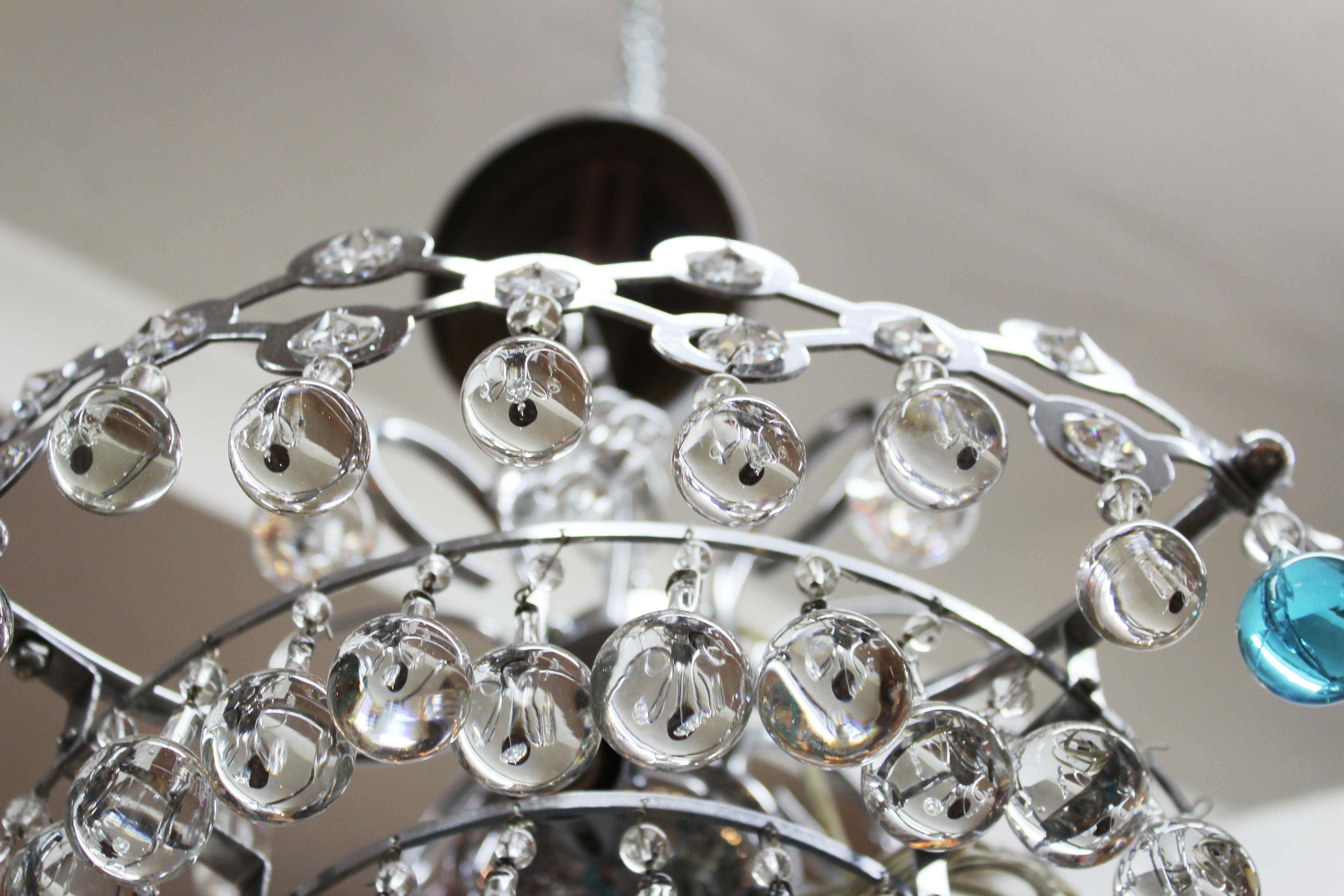 Italian Mid-Century Modern Chrome Chandelier with Clear & Turquoise Glass Balls 7