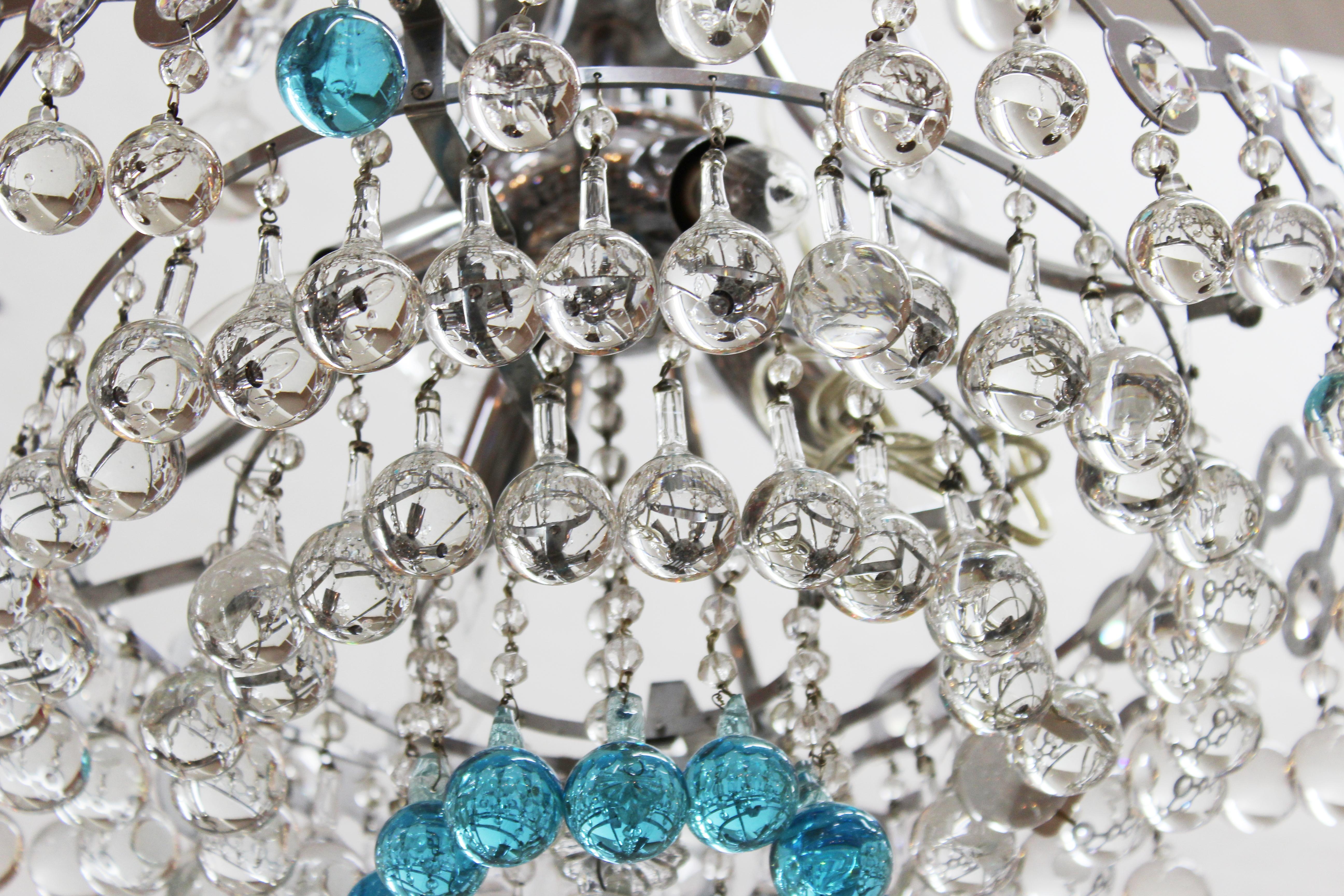 Italian Mid-Century Modern Chrome Chandelier with Clear & Turquoise Glass Balls In Good Condition In New York, NY