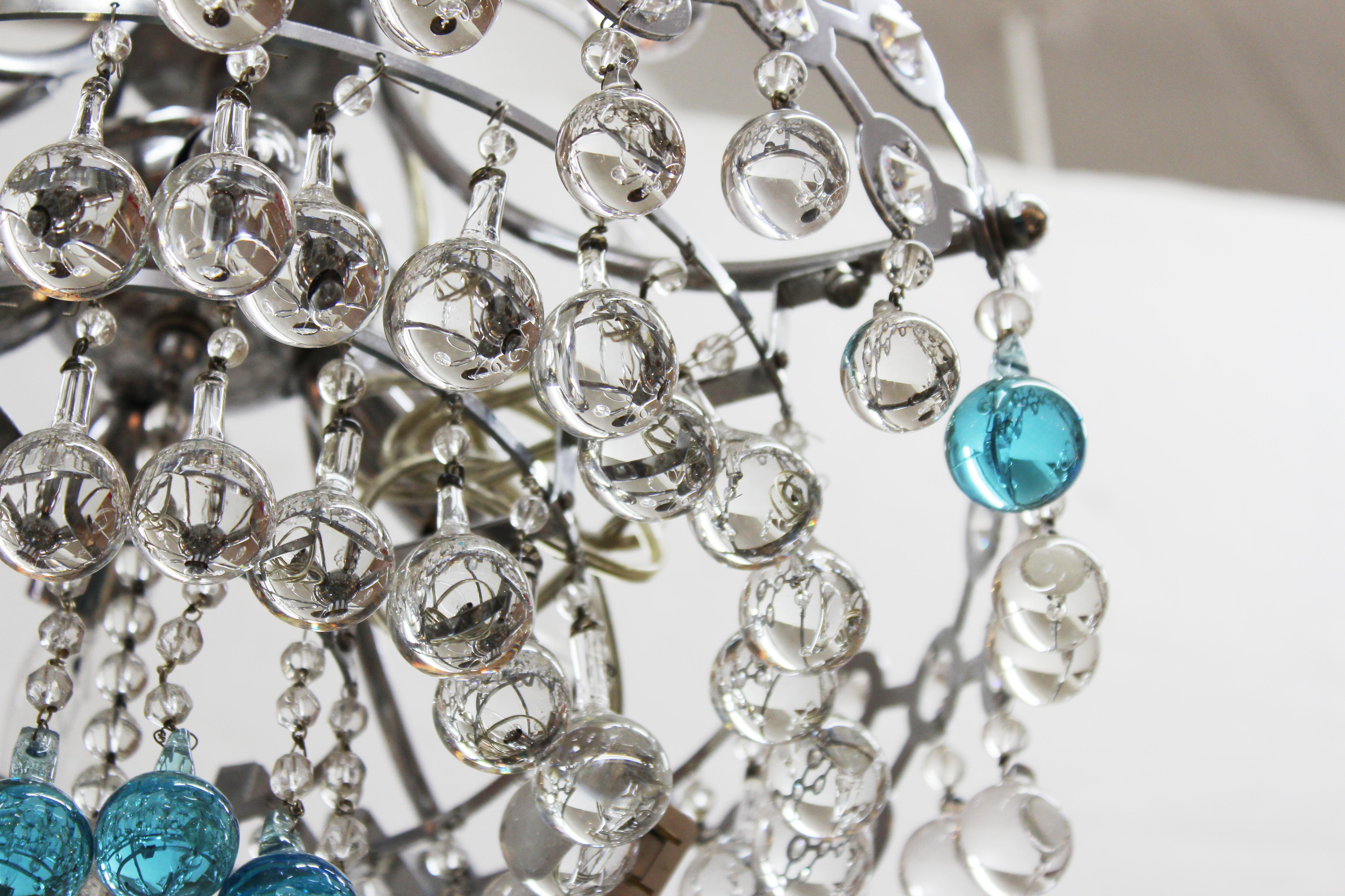 Mid-20th Century Italian Mid-Century Modern Chrome Chandelier with Clear & Turquoise Glass Balls