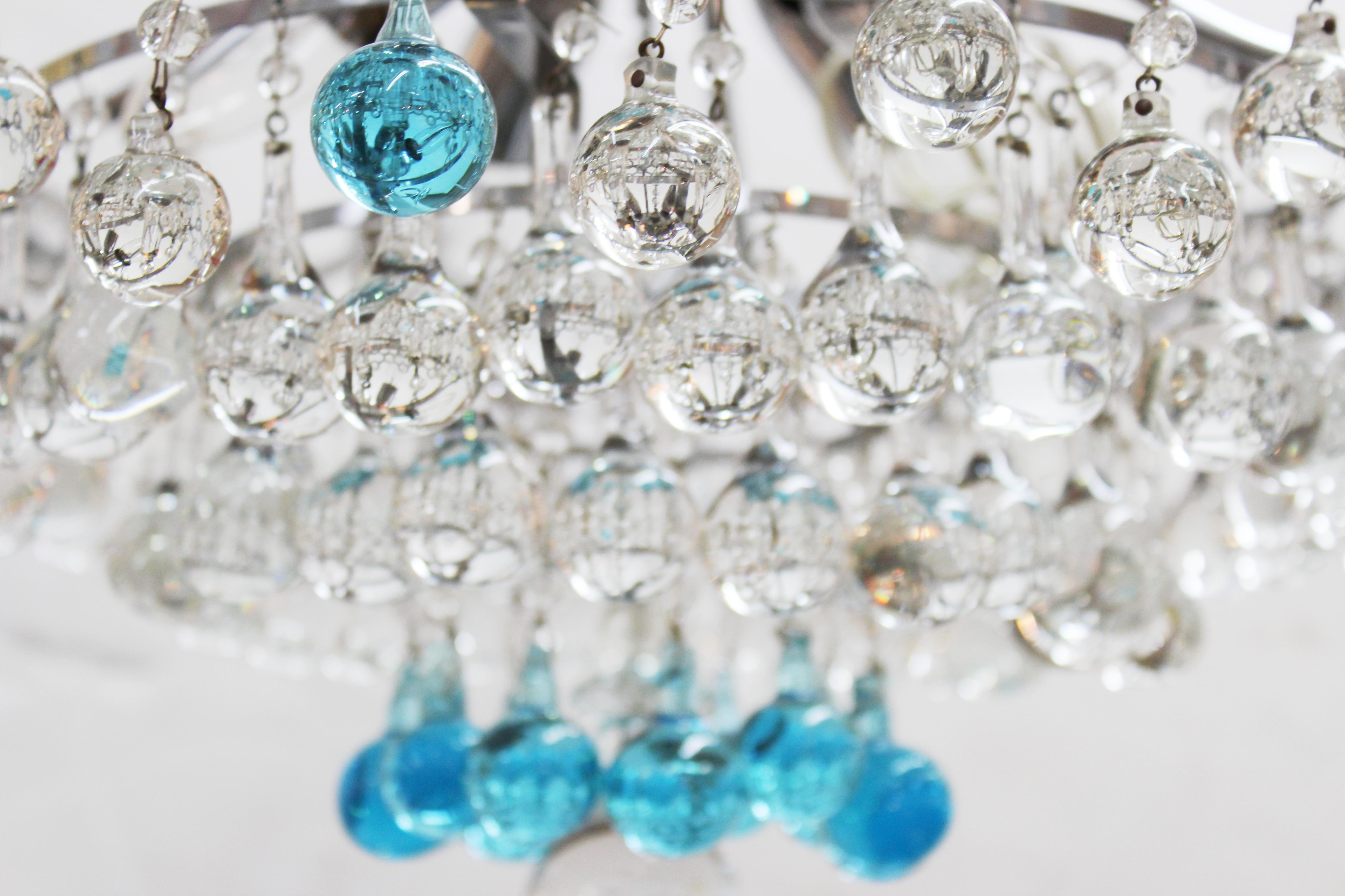 Italian Mid-Century Modern Chrome Chandelier with Clear & Turquoise Glass Balls 1