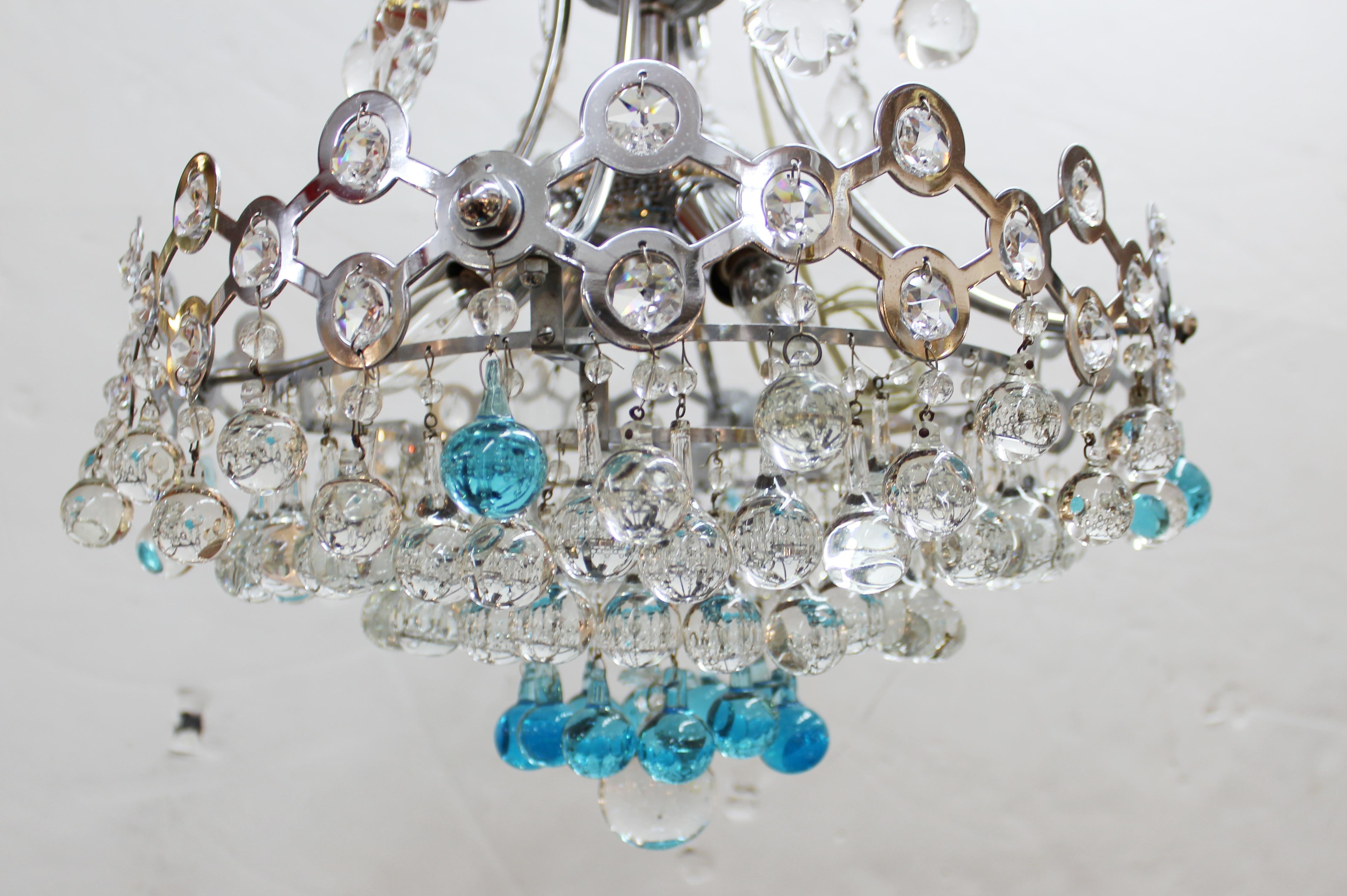 Italian Mid-Century Modern Chrome Chandelier with Clear & Turquoise Glass Balls 3