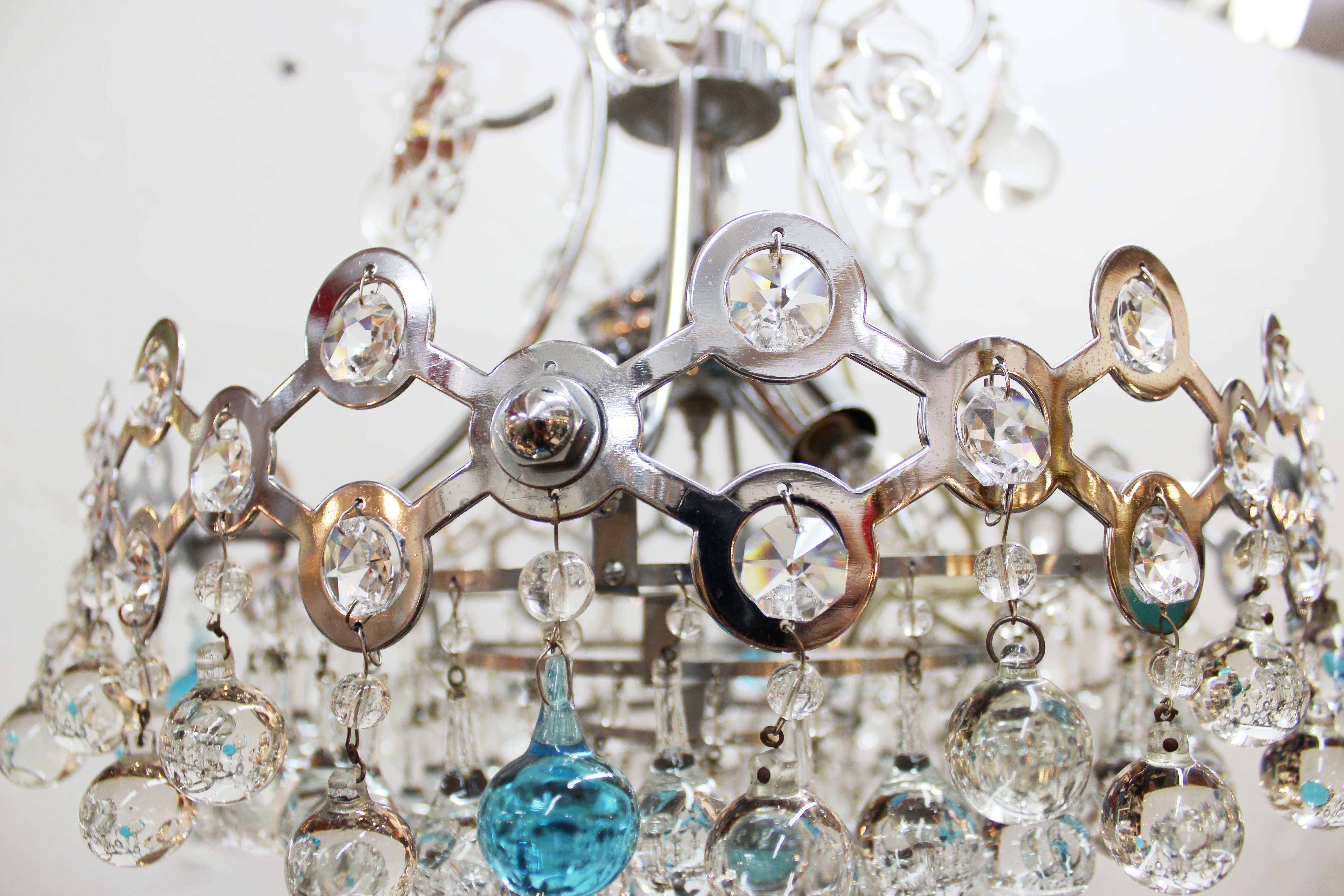 Italian Mid-Century Modern Chrome Chandelier with Clear & Turquoise Glass Balls 4