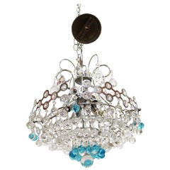 Italian Mid-Century Modern Chrome Chandelier with Clear & Turquoise Glass Balls