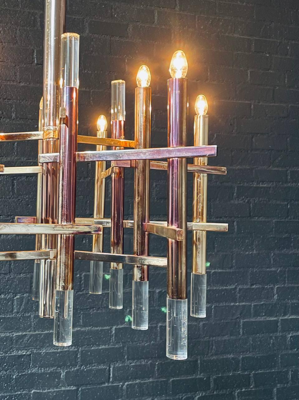 Italian Mid-Century Modern Chrome & Lucite Chandelier by Gaetano Sciolari For Sale 4