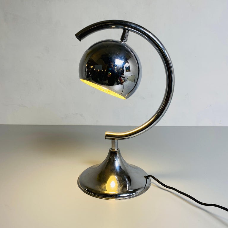 Metal Italian Mid-Century Modern Chrome Table Lamp with Semi-Circular Structure, 1970s For Sale