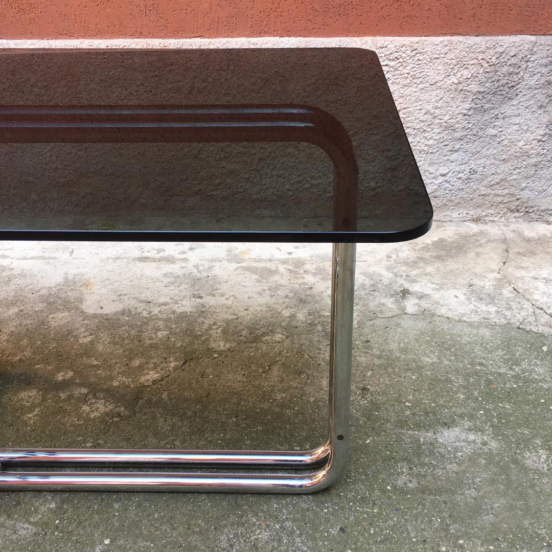 Smoked Glass Italian Mid-Century Modern Chromed Dining Table with Smoked Top, 1970s For Sale