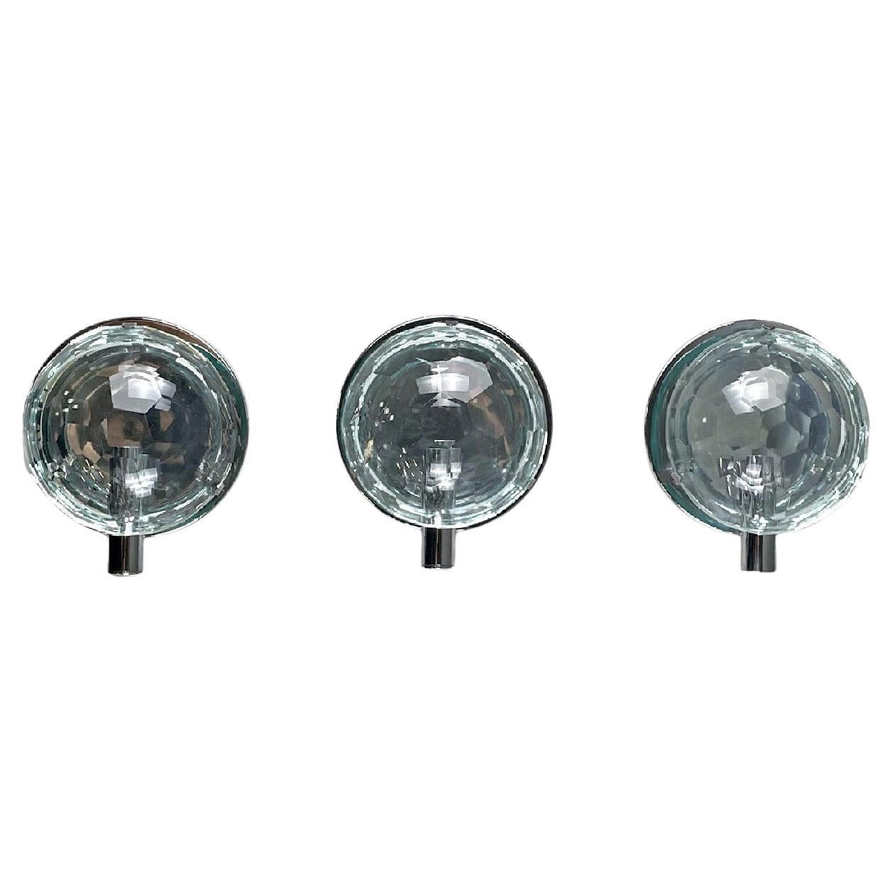 Italian mid-century modern chromed metal and faceted glass wall lights, 1960s For Sale